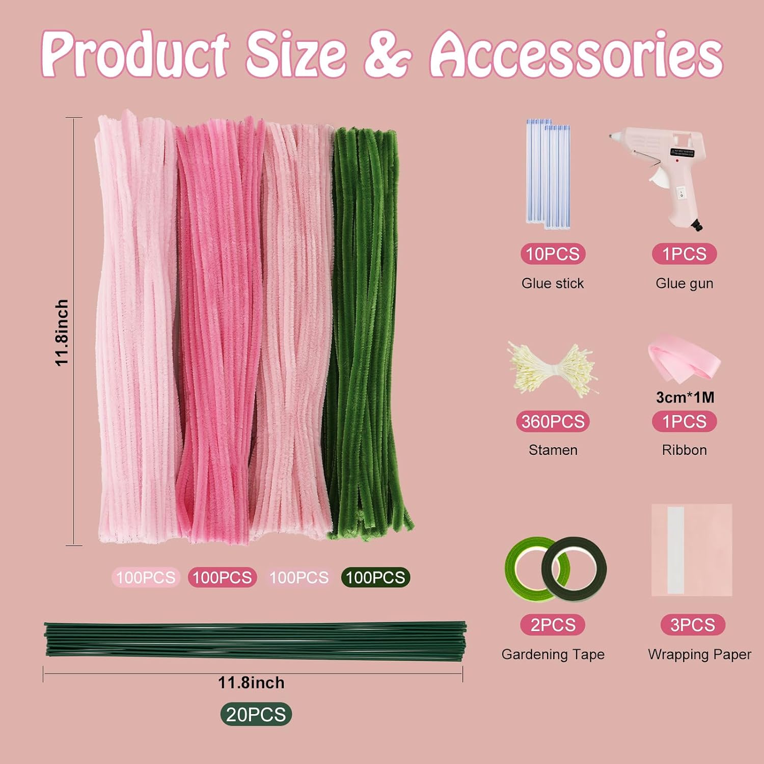 Vienki 400 Pcs Pipe Cleaner Craft Set, 4-Color Pipe Cleaner Flower Kit, Includes Glue Guns, Glue Stick, Instructions, Wrapping Paper, Stamens, and Ribbon—Art and Craft Supplies (Pink, 12 inch x 7 mm)