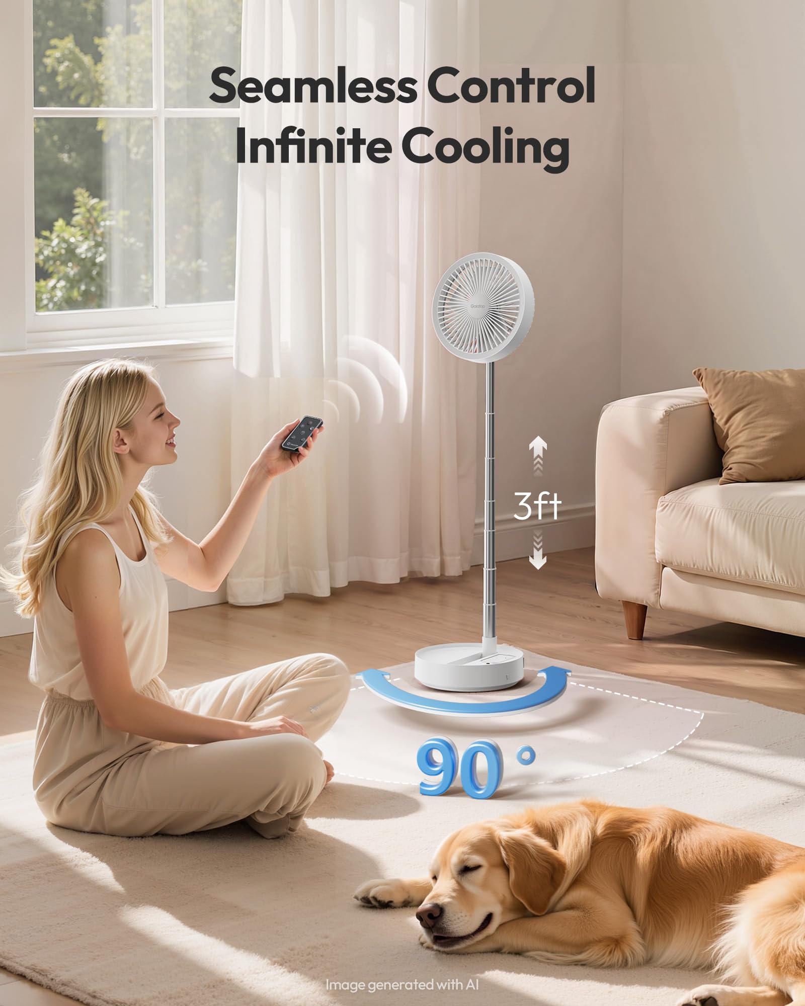 Gaiatop Ventilateur sur pied portable avec batterie 16 000 mAh [autonomie maximale de 74 h], ventilateur oscillant pliable, lumière LED, boîtier et télécommande, 4 vitesses pour l'extérieur, voyage