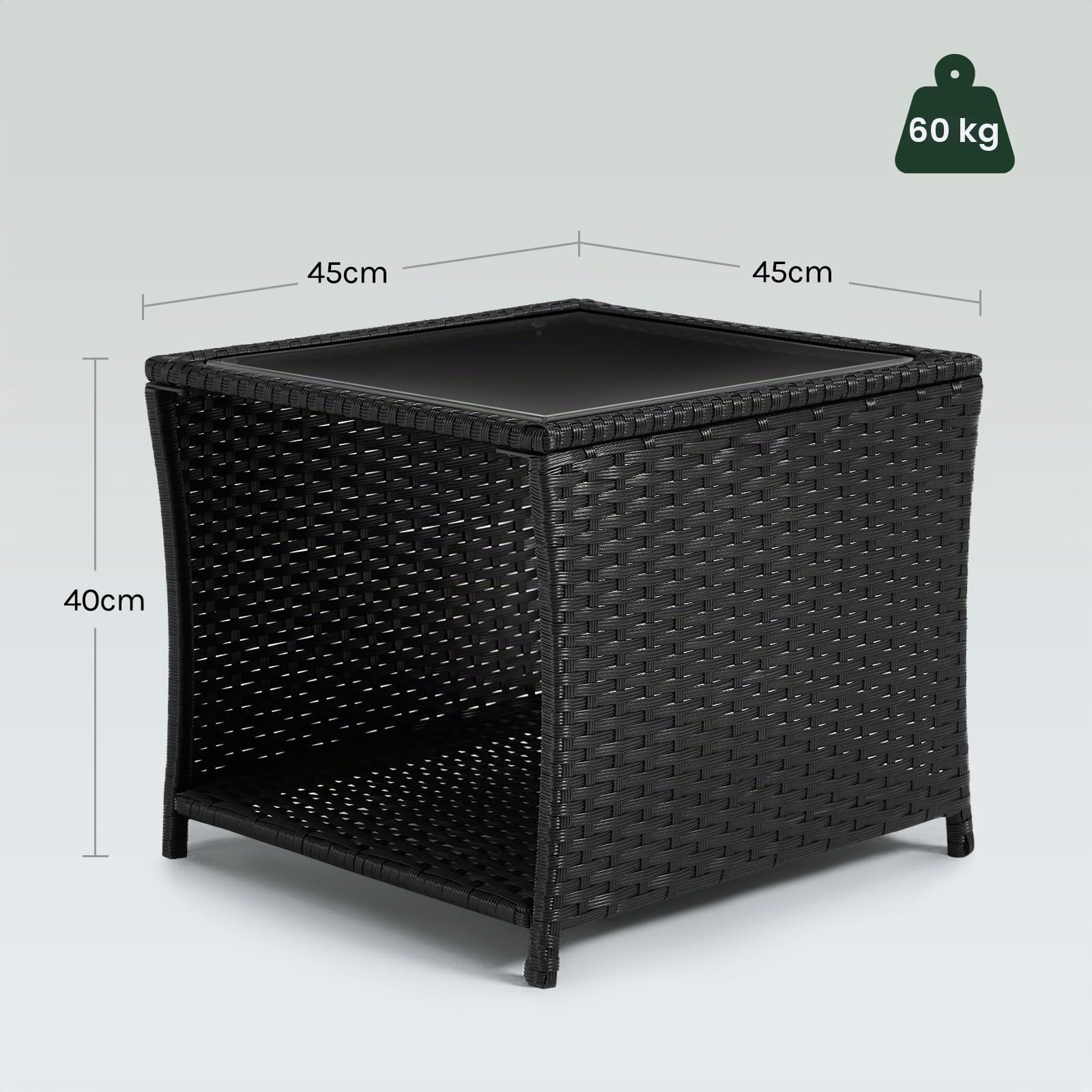 WOLTU Tavolo da Giardino in Polyrattan, 45x40x45cm, Nero | Tavolino con Piano in Vetro a Vano Aperto, Tavolo da Esterno Resistente alle Intemperie, Salotto da Giardino Esterno