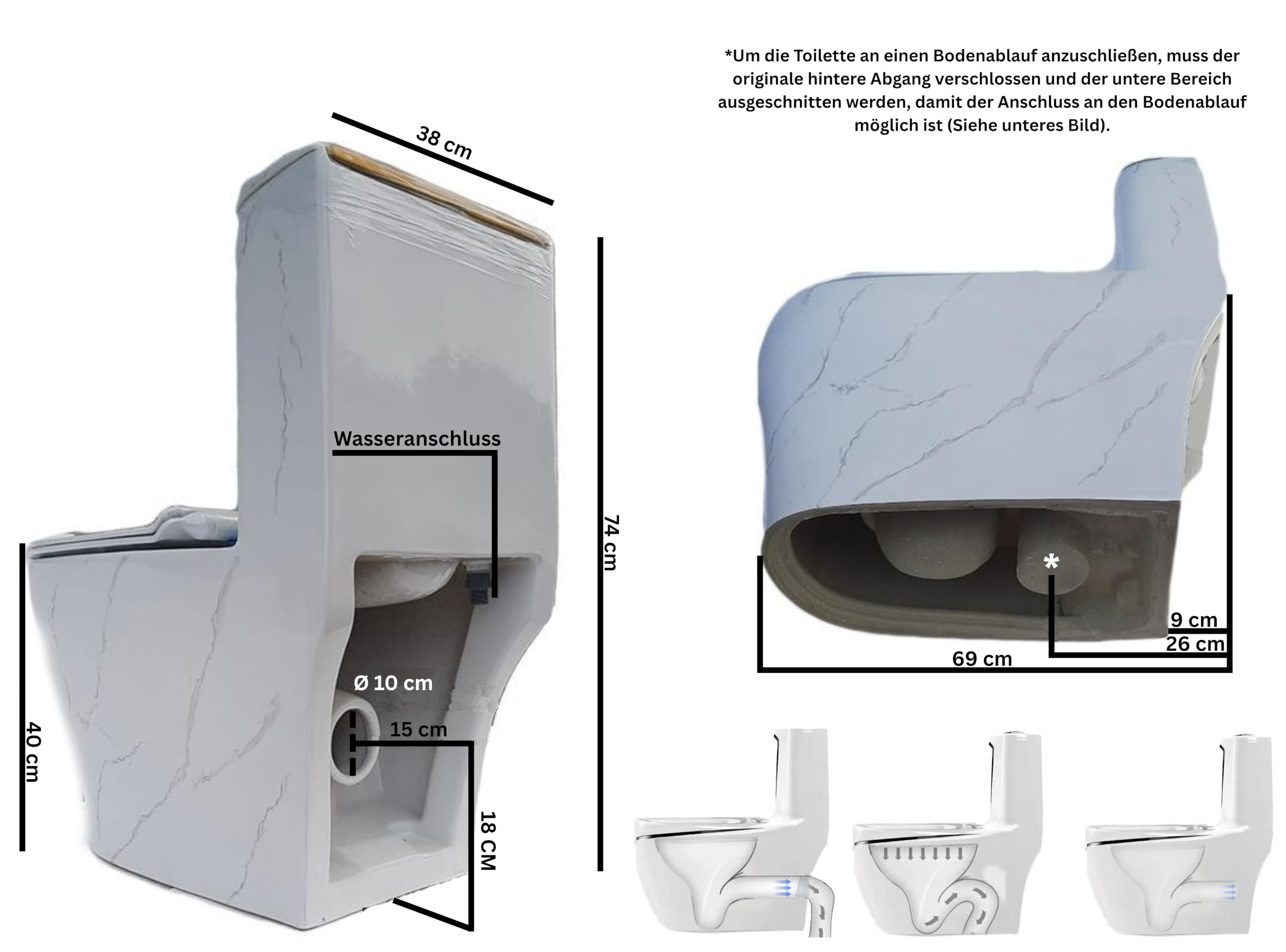 EGO INTERIORS Royalty Line | Einteilige Stand-WC mit eingebautem Spülkasten | Goldene Marmoroptik Keramik | randlos | Sitz mit Soft Close Absenkautomatik | Quick Release Scharnieren