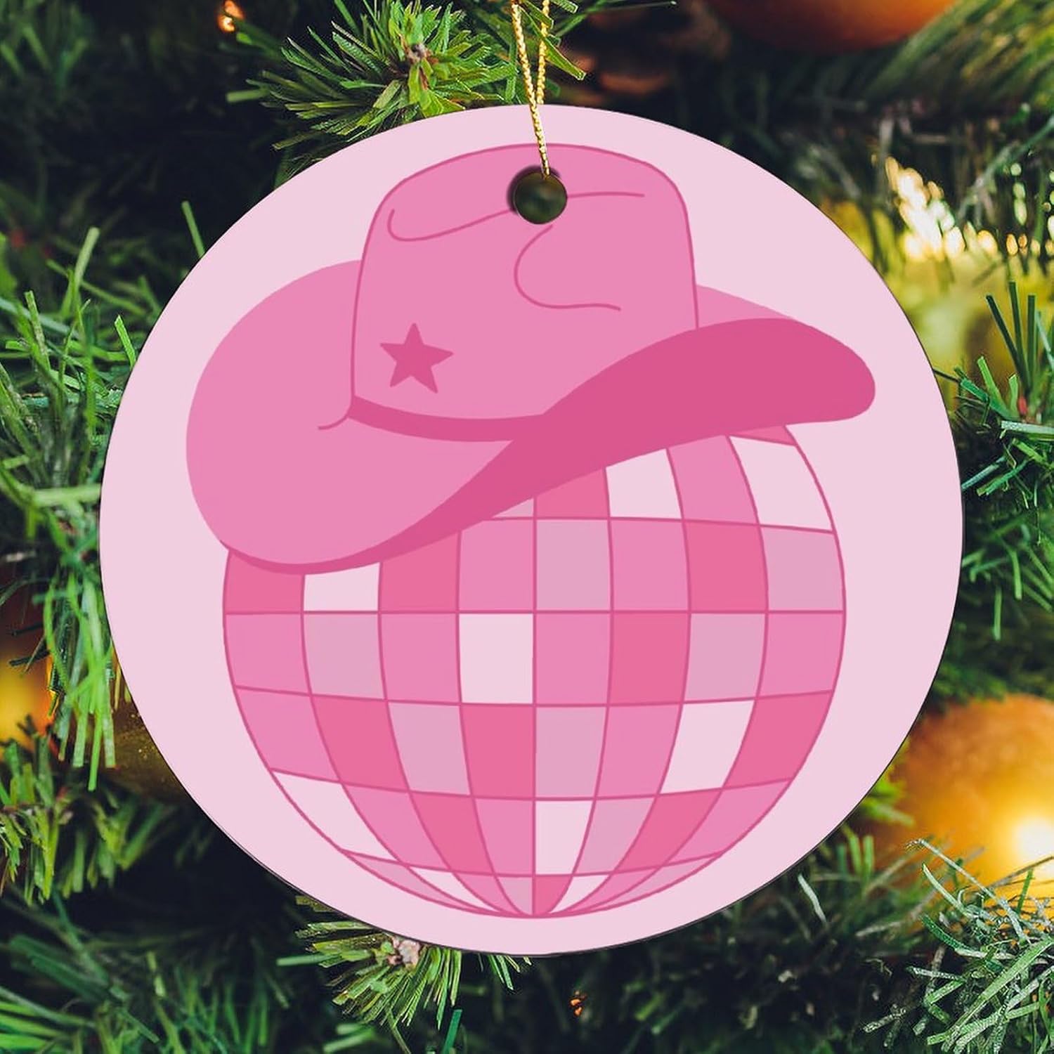 TsyTma Pink Disco Ball with Cowboy Hat Christmas Tree