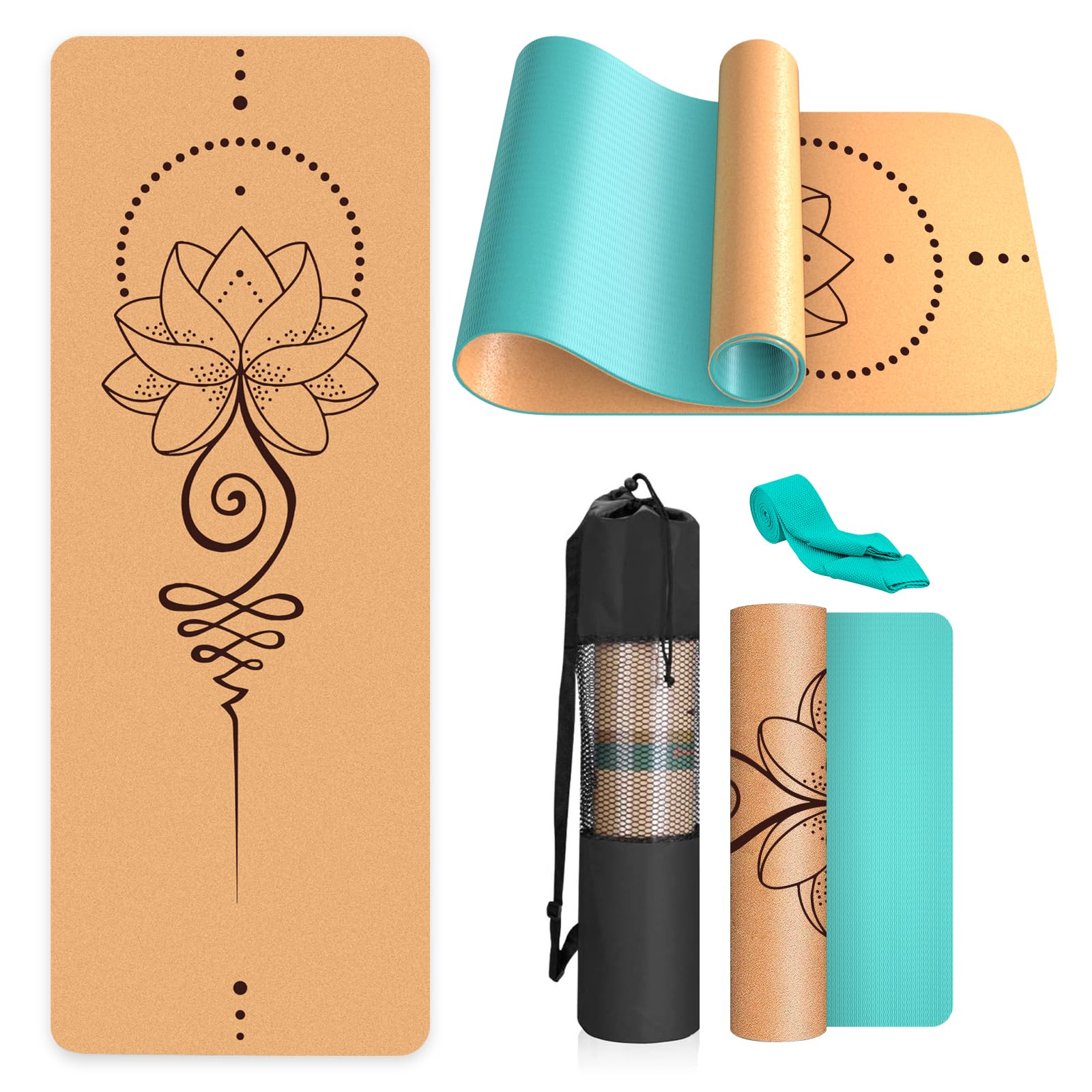 Haninj® Yogamatte Kork – Rutschfeste Yoga Matte, Einzigartiges Design, Naturkautschuk TPE Gymnastikmatte, Trainingsmatte mit Tragetasche & Gurt, für Zuhause, Pilates, Aerobic Fitnessstudio und Workout
