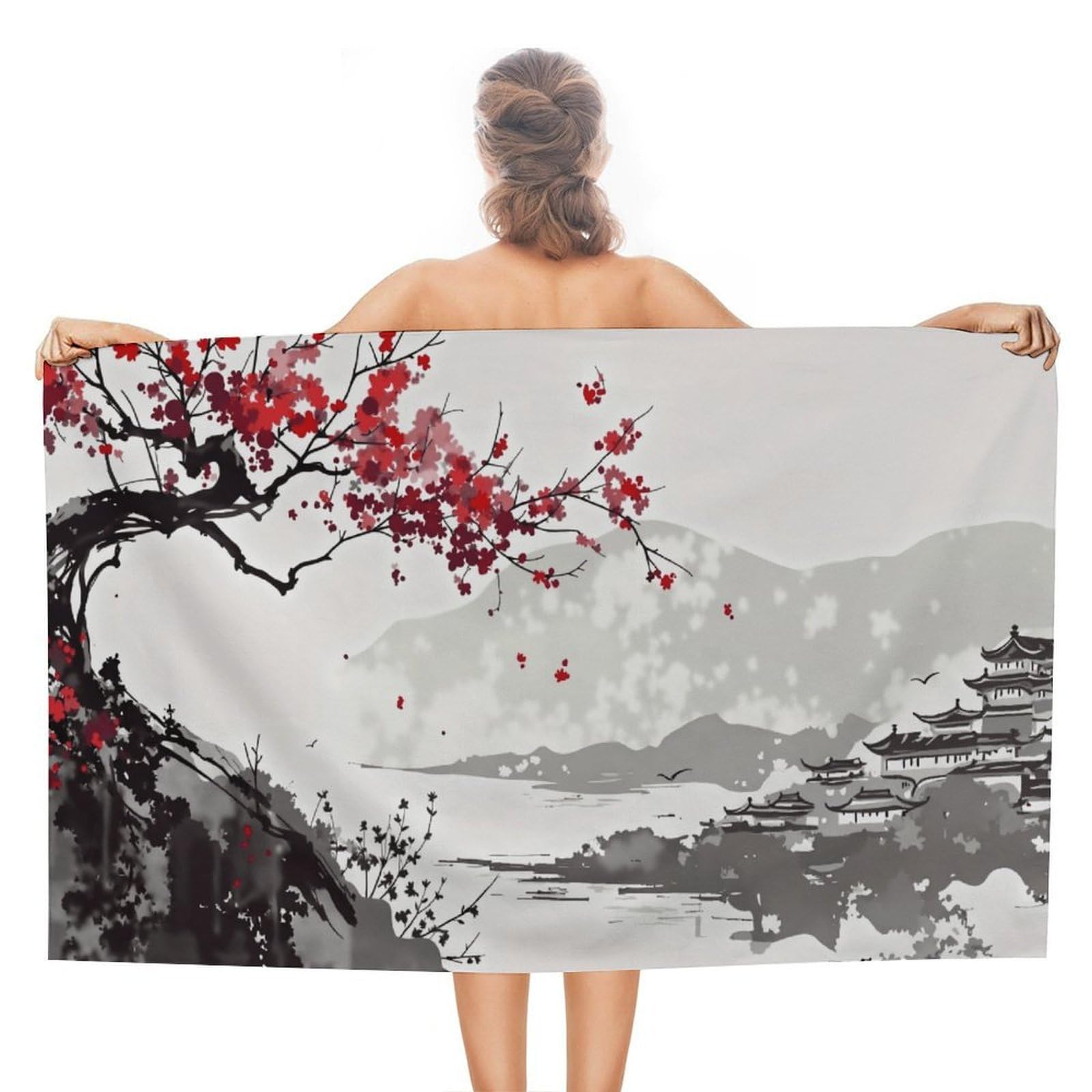 Anceky Oriental Landscape Beach Towel Microfiber Soft Absorbent Oversized Large Bath Towel Blanket Thin Quick Dry for Adults Swimming Pool Yoga Gym Travel 51"X31"
