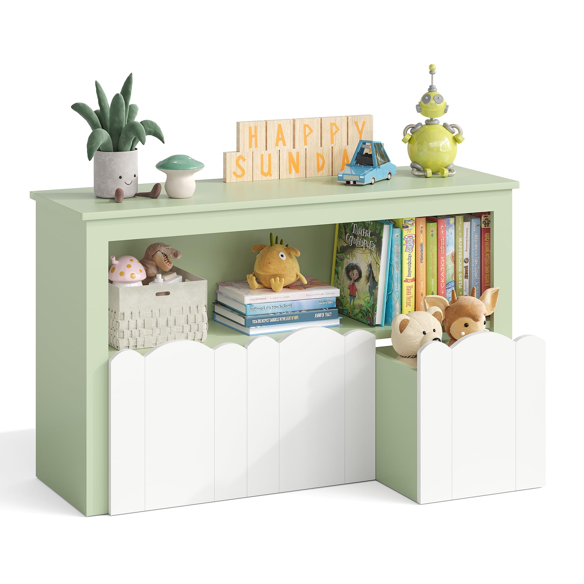 YOUDENOVA Estantería para niños, muebles para habitación infantil con 3 cajas, almacenamiento de juguetes con ruedas, 102,2 x 33 x 61,5 cm, almacenamiento para habitación infantil para libros de