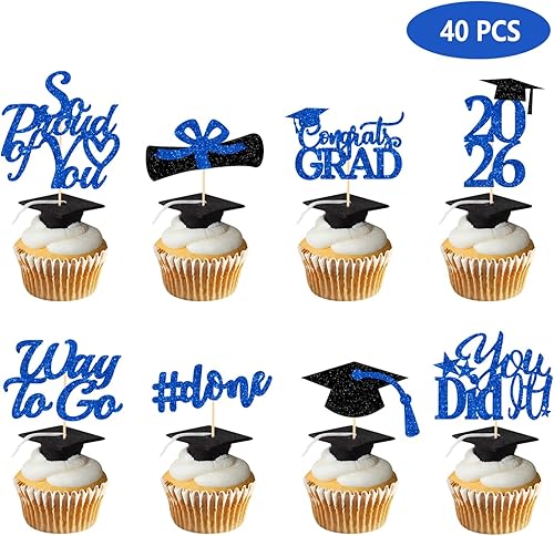 Miniatura 2 de Decoraciones de graduación 2025 azul, adornos para cupcakes de graduación 2025 azul y negro, suministros de decoración para cupcakes clase de 2025,