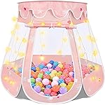 Crayline Pop Up Princess Tent with Star Light, Toys for 1 2 3 Year Old Girl Birthday Gift, Ball Pit for 12-18 Months Baby Girl Toys, Toddler Gifts, Easy to Pop Up and Assemble (Pink Gray)