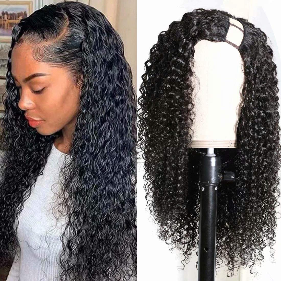 MaxineHair U Part Wig Human Hair Wigs for Black Women Brazilian Virgin Hair Half Wigs Curly Wig 150% Density 24 inch