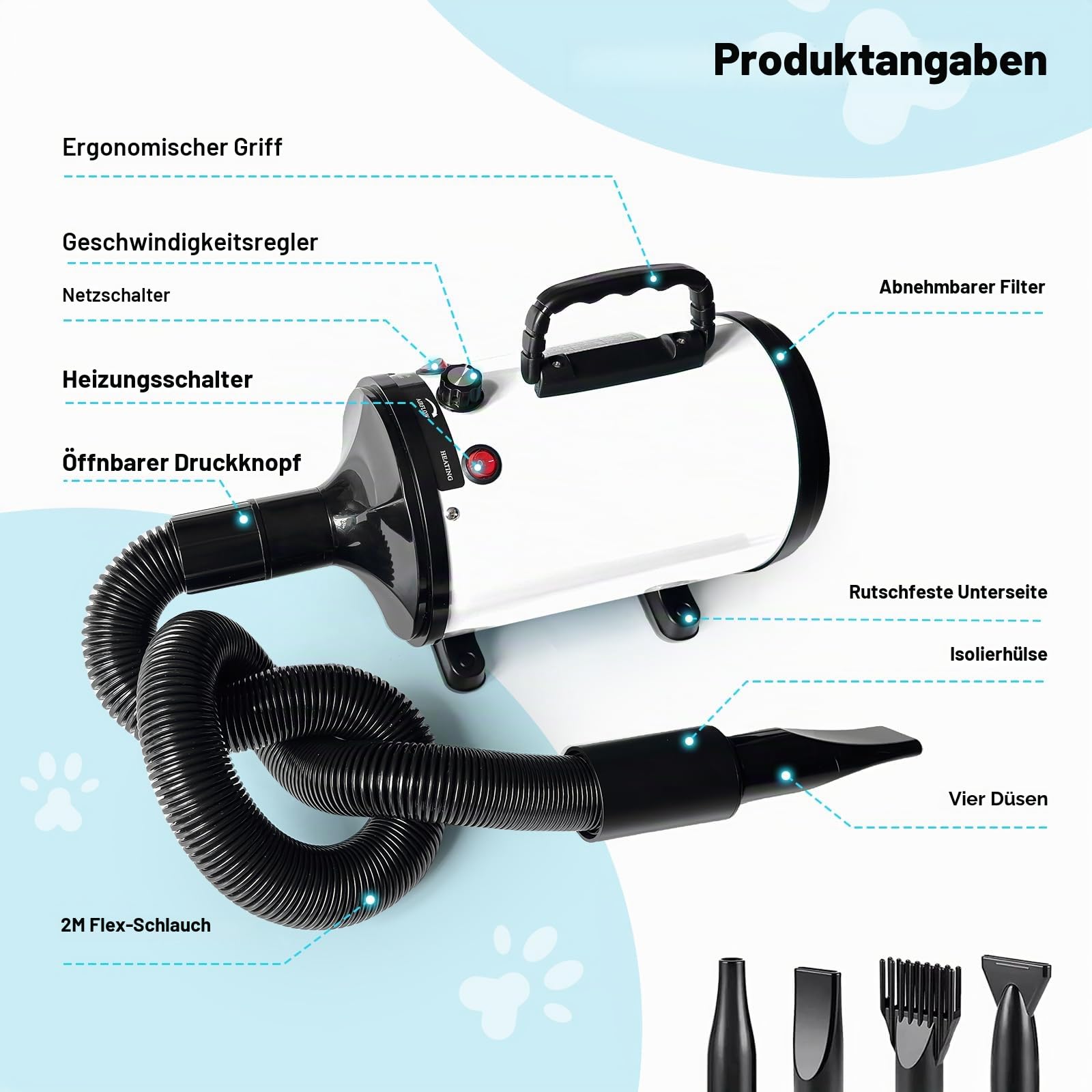Hundefön Hundetrockner, 2800W Profi Blower hundefön, Einstellbare Geschwindigkeit und Wärme, Pet Dryer Haustier Haartrockner Hundepflege -Trockner-Gebläse mit 4 Verschiedenen Düsen (Weiß)