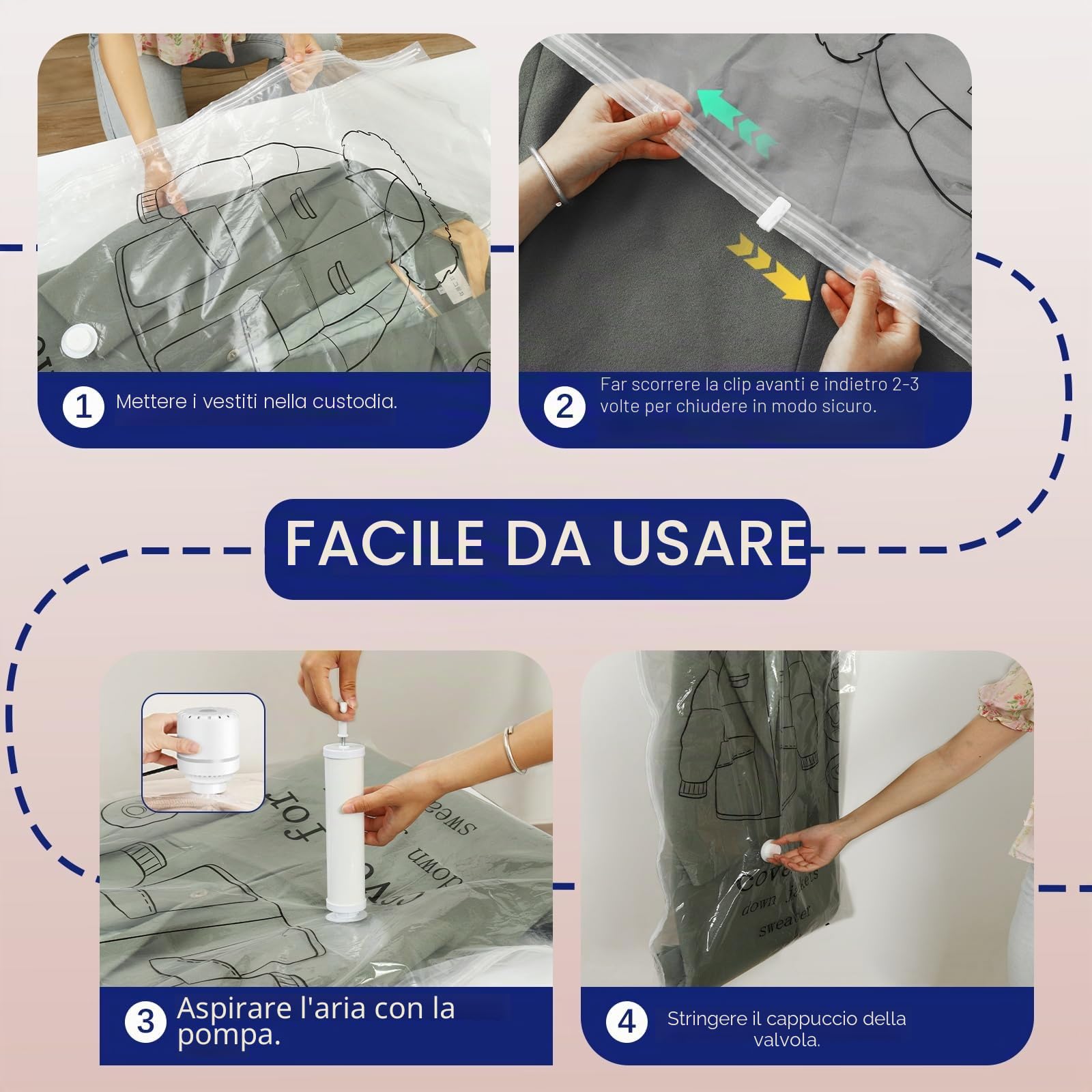 6 pezzi Sacchetti sottovuoto vestiti da appendere - 70×110 cm buste sottovuoto vestiti - trasparenti e riutilizzabili, Copriabiti da Armadio per armadio, per cappotti, giacche e abiti