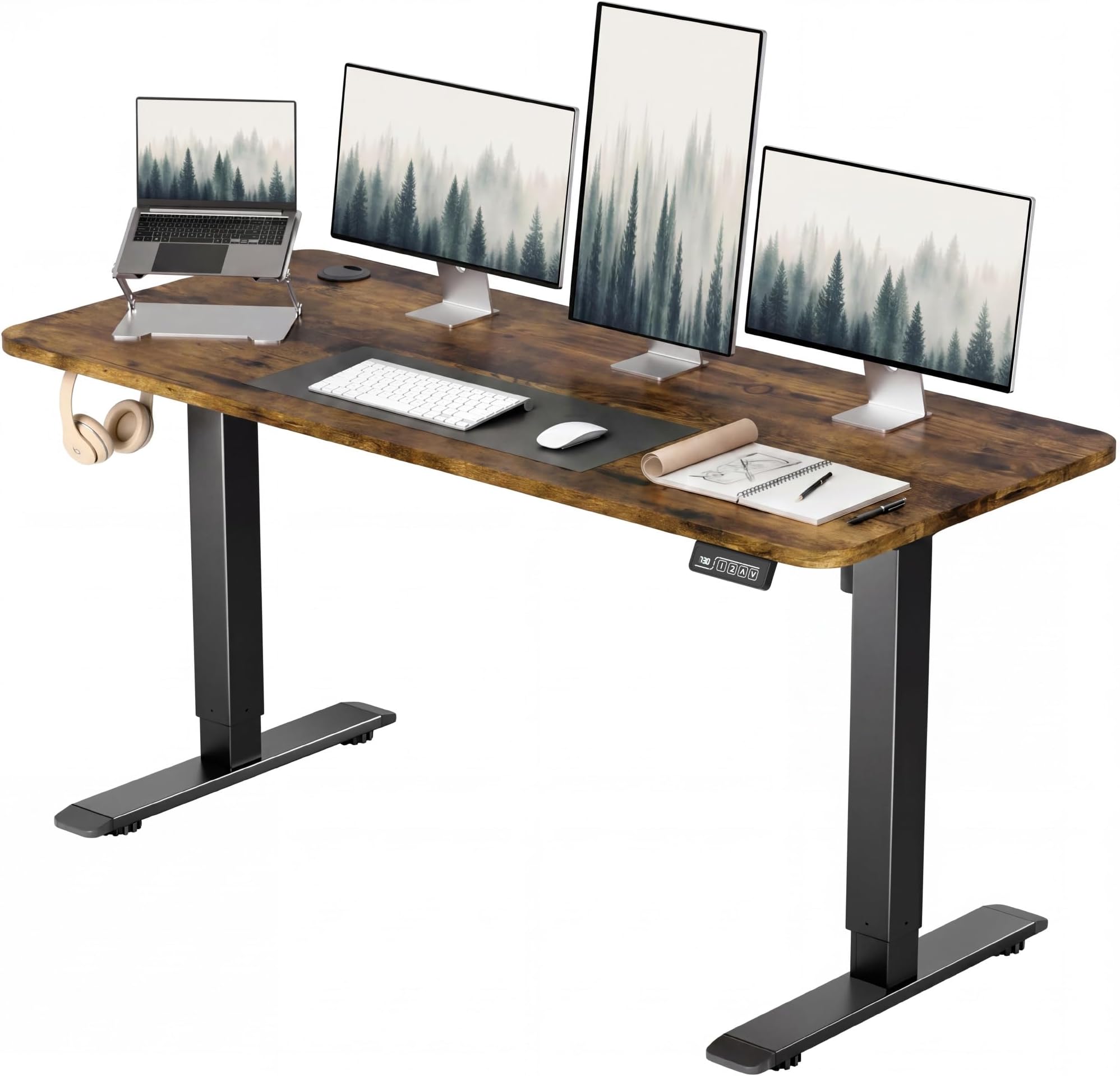 Furmax Electric Height Adjustable Standing Desk Large 55 x 24 Inches Sit Stand up Desk Home Office Computer Desk Memory Preset with T-Shaped Metal Bracke, Brown