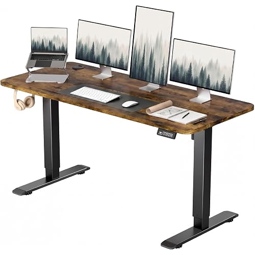 Furmax 55 Inches Electric Height Adjustable Standing Desk Home Office Desk | Large Sit Stand Up Computer Desk Memory Preset with T-Shaped Metal Bracket, Brown