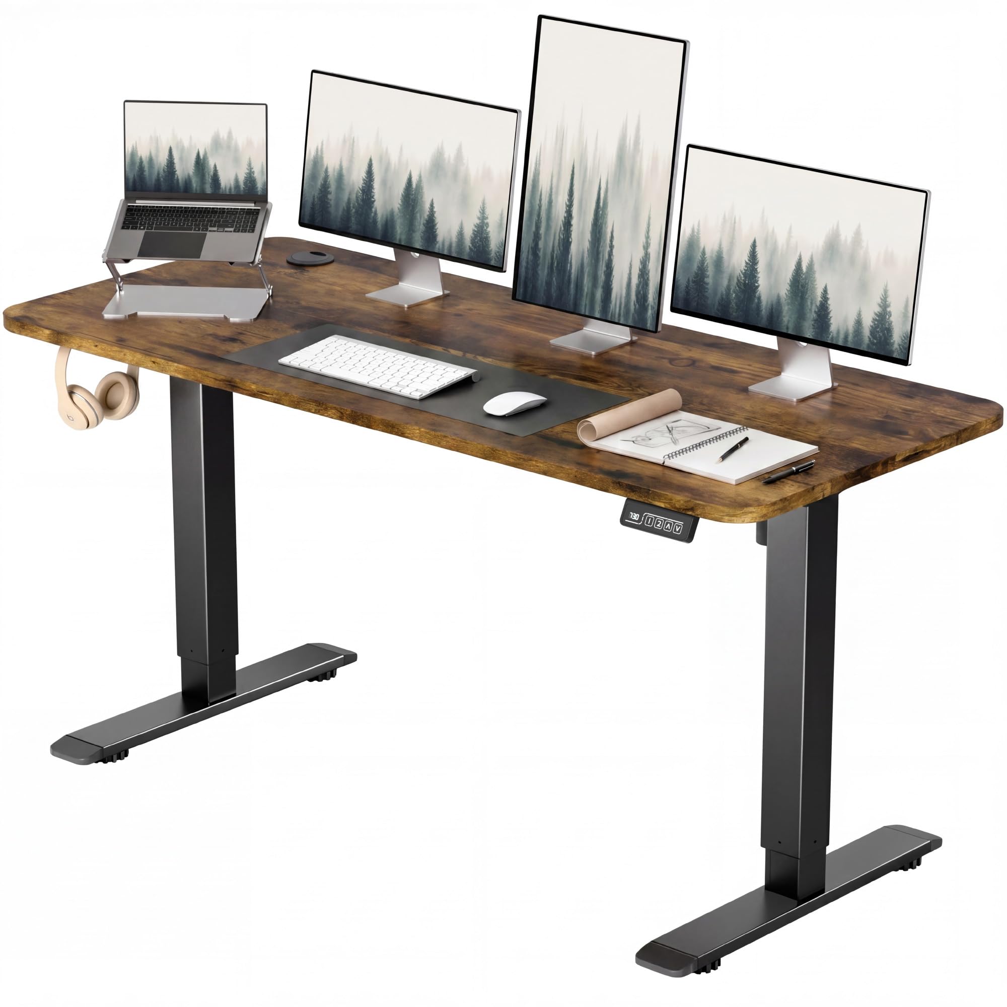 Furmax 55 Inches Electric Height Adjustable Standing Desk Home Office Desk | Large Sit Stand Up Computer Desk Memory Preset with T-Shaped Metal Bracket, Brown