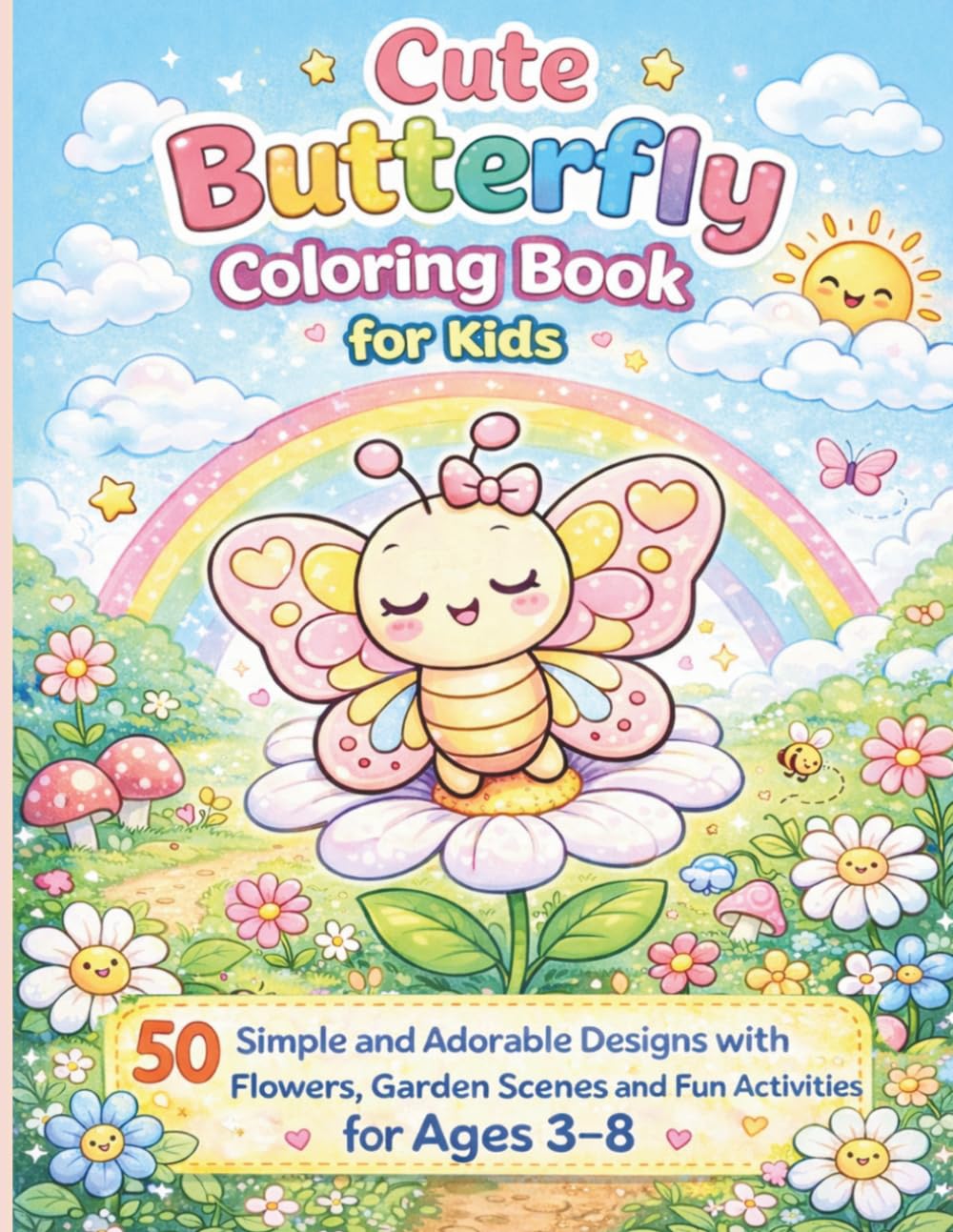 Cute Butterfly Coloring Book for Kids Ages 3–8: 50 Simple and Adorable Butterfly Designs with Flowers, Garden Scenes and Fun Activities for Relaxing and Creative Fun