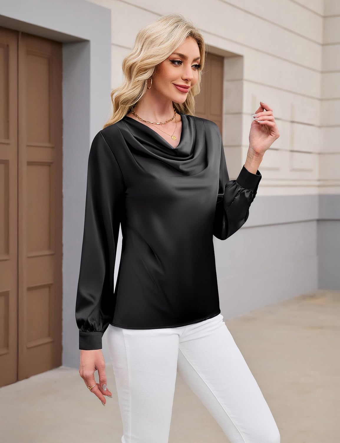 Blooming Jelly Womens Satin Blouse Cowl Neck Draped Silky Long Sleeve Dressy Tops Fall Trendy Fashion Business Casual Outfit - Image 3