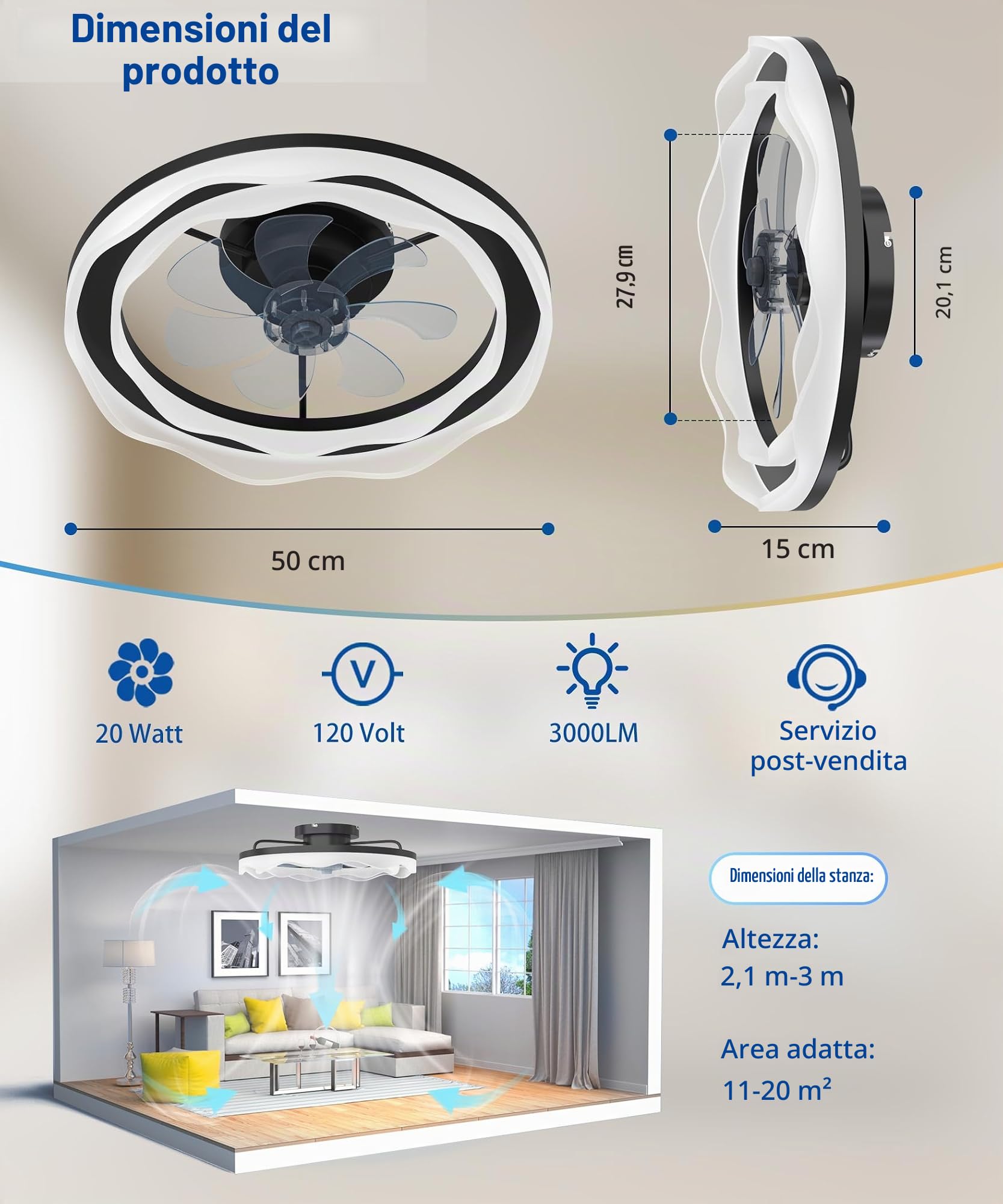 JAYNLT Ventilatore da Soffitto con Luce con Telecomando, 50CM Lampada Ventilatore da Soffitto, 3000K-6500K Dimmerabile LED Plafoniere, 6 Velocità, Memoria, Tempistica per Camera da Letto Soggiorno