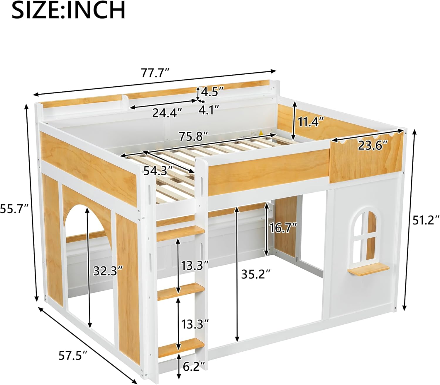 Detailed dimensions of the Polibi Full Over Full Bunk Bed