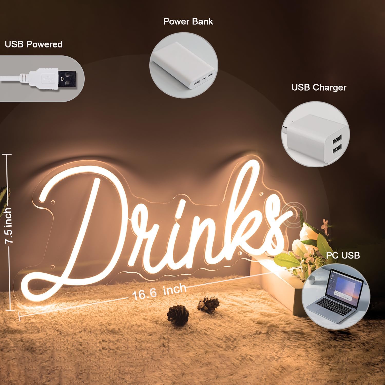 Britrio Warm White Drinks Neon Sign for Home Bar Kitchen Dinning Room Letter Light Birthday Party Bedroom Restaurant Cafe Man Cave Wall Art Decoration 5V USB Powered