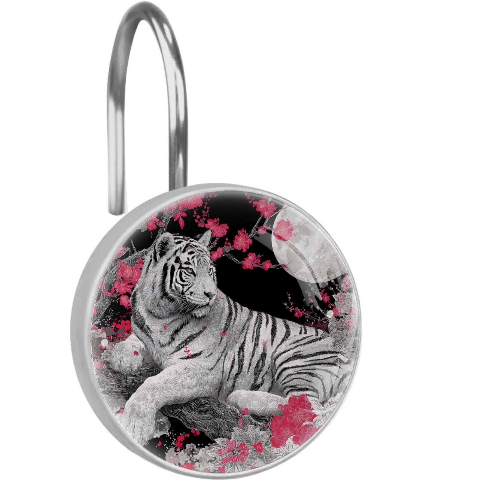 VAPOKF Decorative Shower Curtain Hooks, Tiger Moon Rustproof Stainless Steel Shower Curtain Rings for Bathroom, Shower Curtain Hangers for Shower Rod, 12 Pack