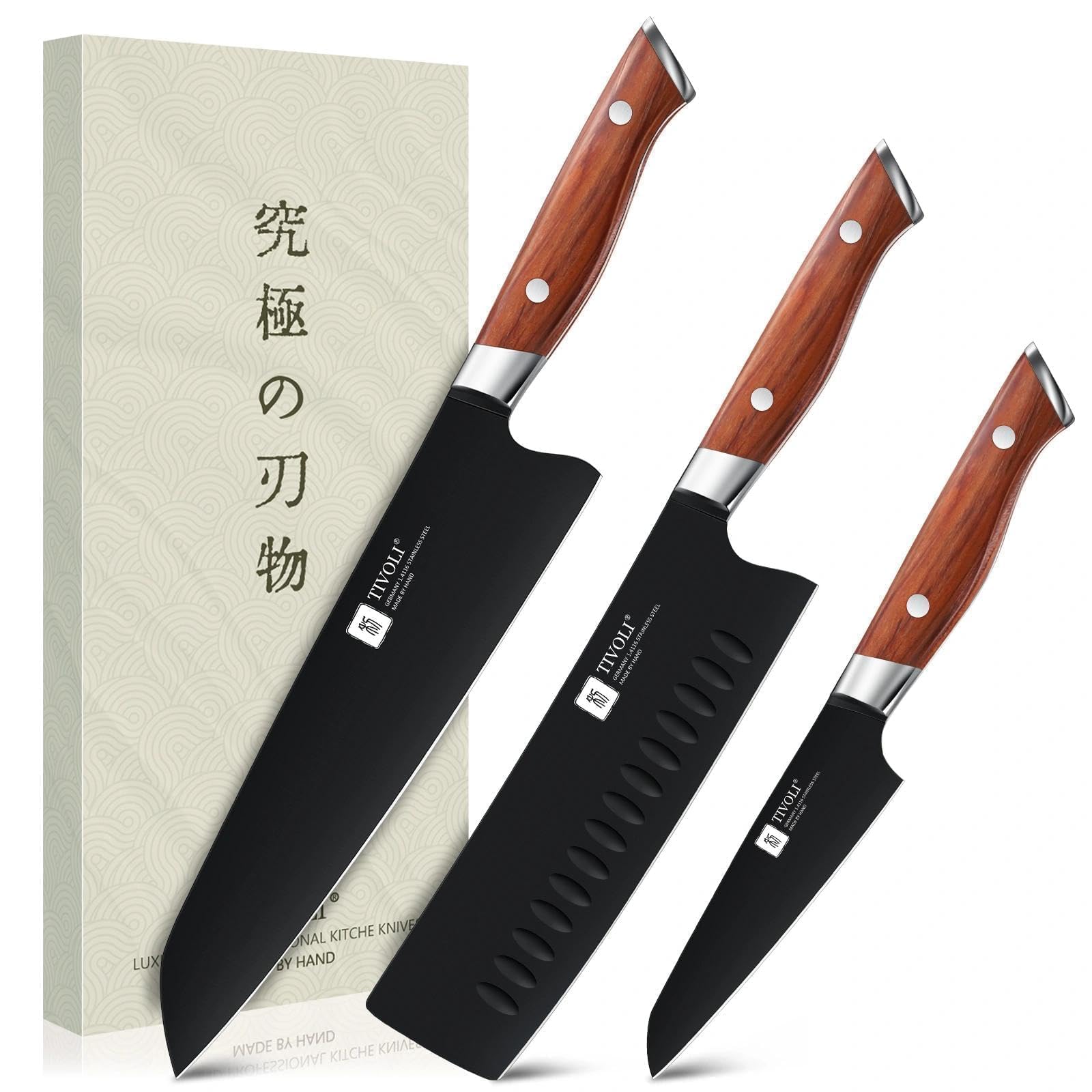 TIVOLI 3 PCS Kitchen Knife Set - Black Blade Rustproof Coating