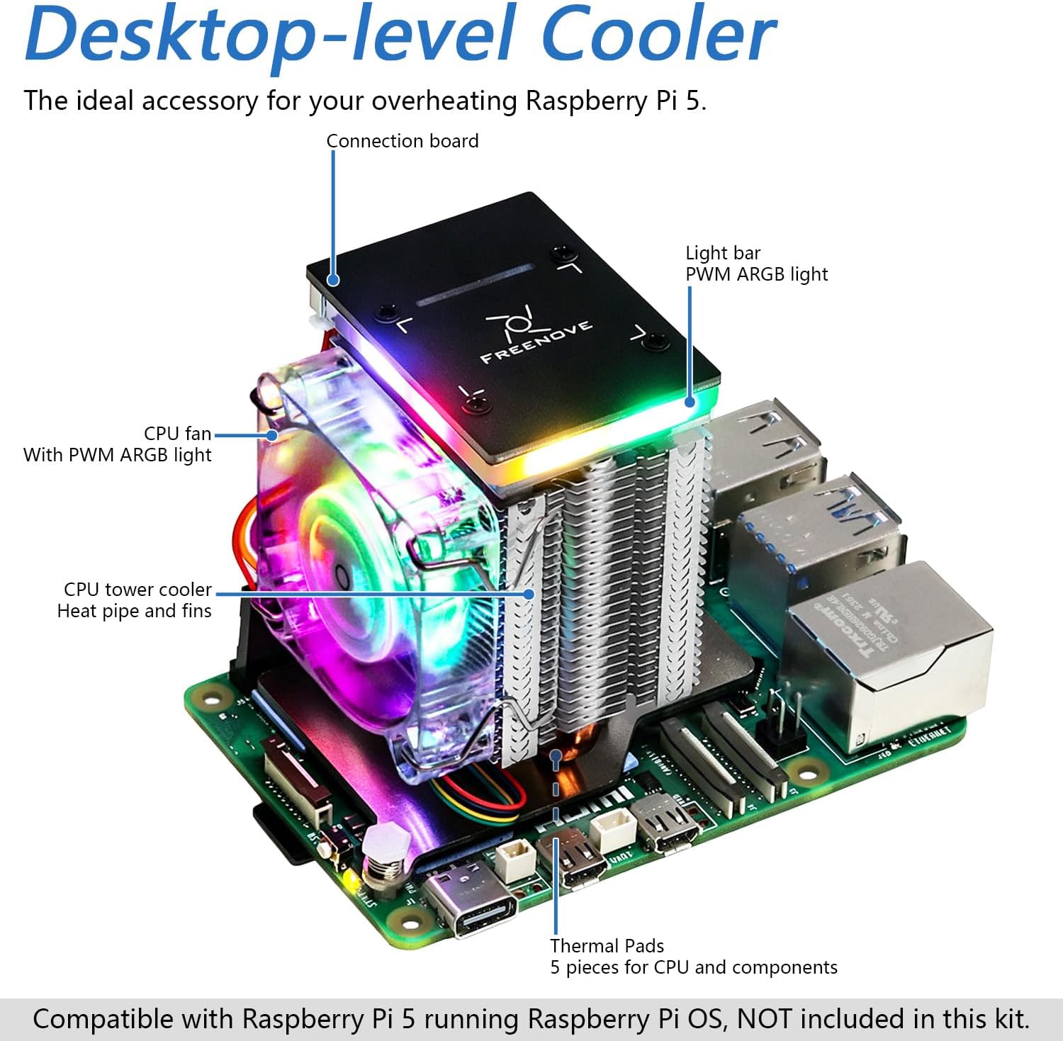 Freenove Active Cooler for Raspberry Pi 5, Fan Tower Cooler, Aluminum Heatsink with Heat Pipe, PWM Cooling Fan with Controllable ARGB Light, Multiple Cooling and Lighting Modes