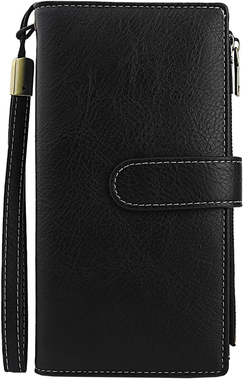 Large Capacity Genuine Leather Wallet for Women RFID Blocking Double Zipper Bifold Wristlet Clutch Black (Black)