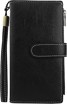 Large Capacity Genuine Leather Wallet for Women RFID Blocking Double Zipper Bifold Wristlet Clutch Black Black