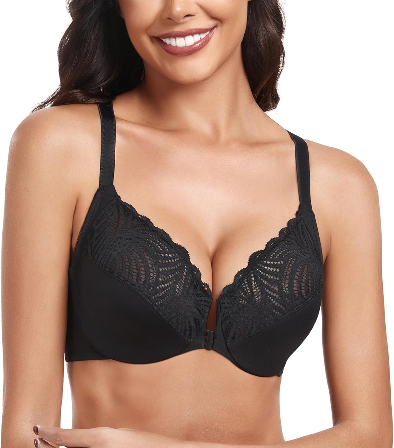 HACI Women's Front Closure Bra Underwire Unpadded T-Back Plus Size Lacy Full Coverage Racerback T-Shirt Unlined - Image 4