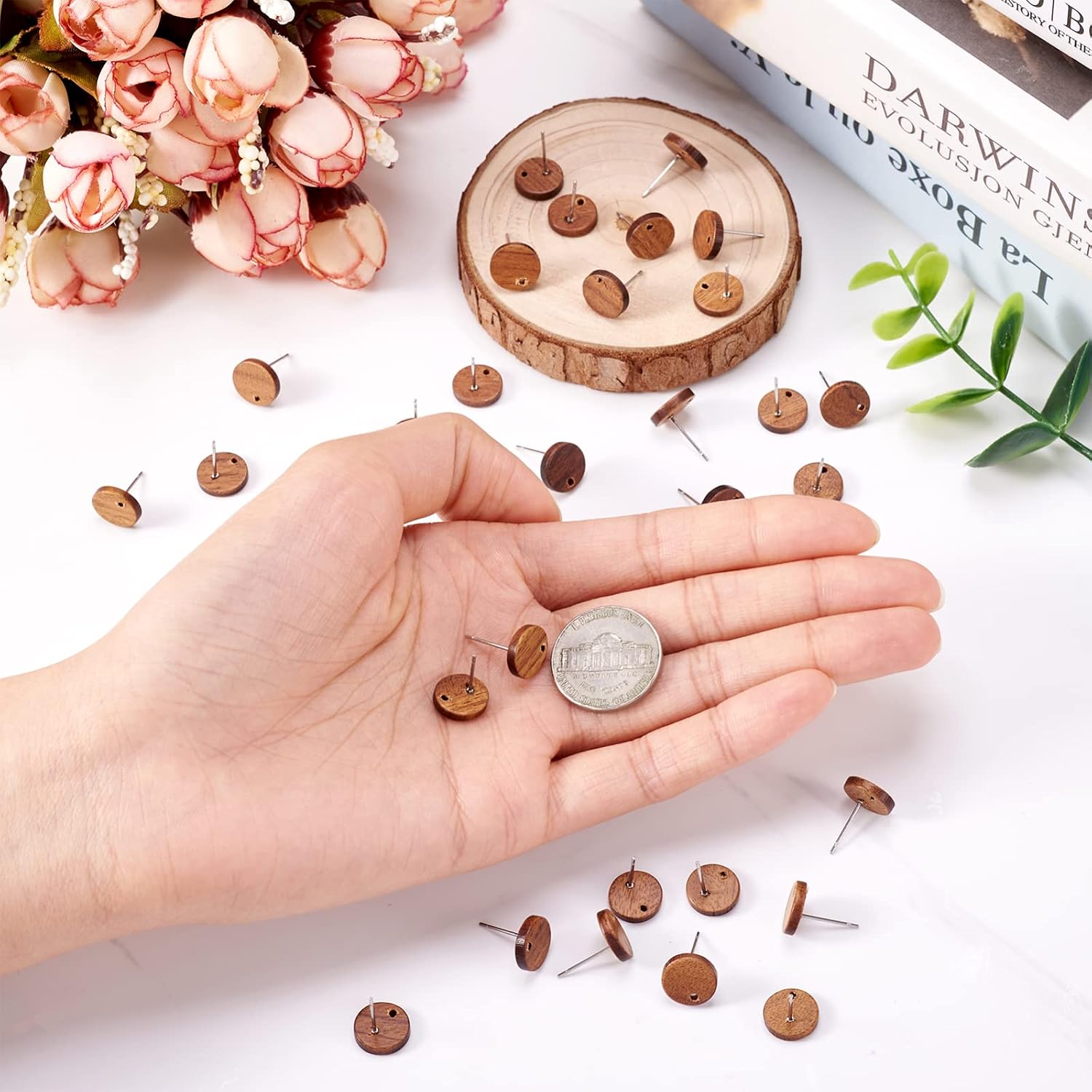 PH PandaHall Pandahall 50pcs Walnut Wood Flat Round Earring Stud 10mm Natural Wooden Earring Stud with 316 Stainless Steel Findings for DIY Earrings Making, Hole: 1.6mm