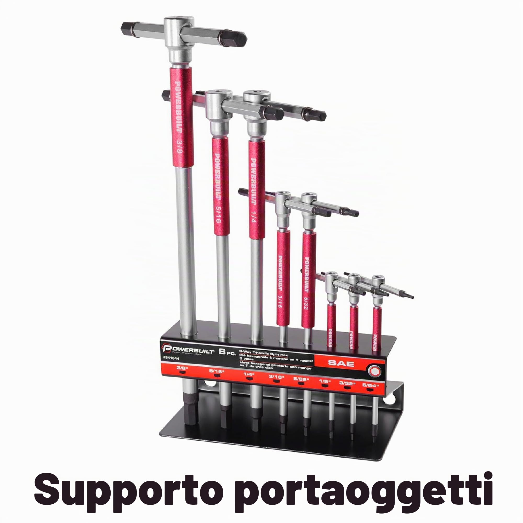 Powerbuilt Set di 8 chiavi a brugola esagonali SAE con impugnatura a T e manicotti rapidi per un'azione di rotazione rapida, maniglia superiore scorrevole per forma a T o L, alberi lunghi, rack di