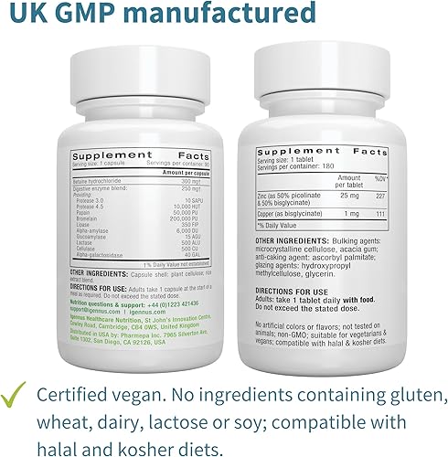 Miniatura 5 de Enzimas digestivas avanzadas y betaína HCl + complejo de zinc 25 mg paquete vegano, ayuda digestiva con picolinato de zinc quelado y bisglicinato,