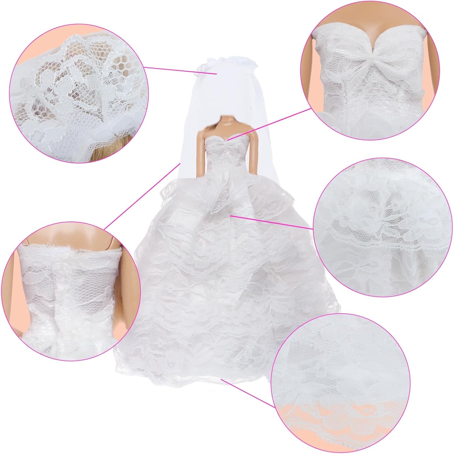 Wedding Outfit Set Including 1 White Wedding Dress with Veil 1 Formal Business Suit 2 Shoes,Bride Gown Groom Clothes Suit for 11.5 inch Girl & Boy Dolls (NO Doll)