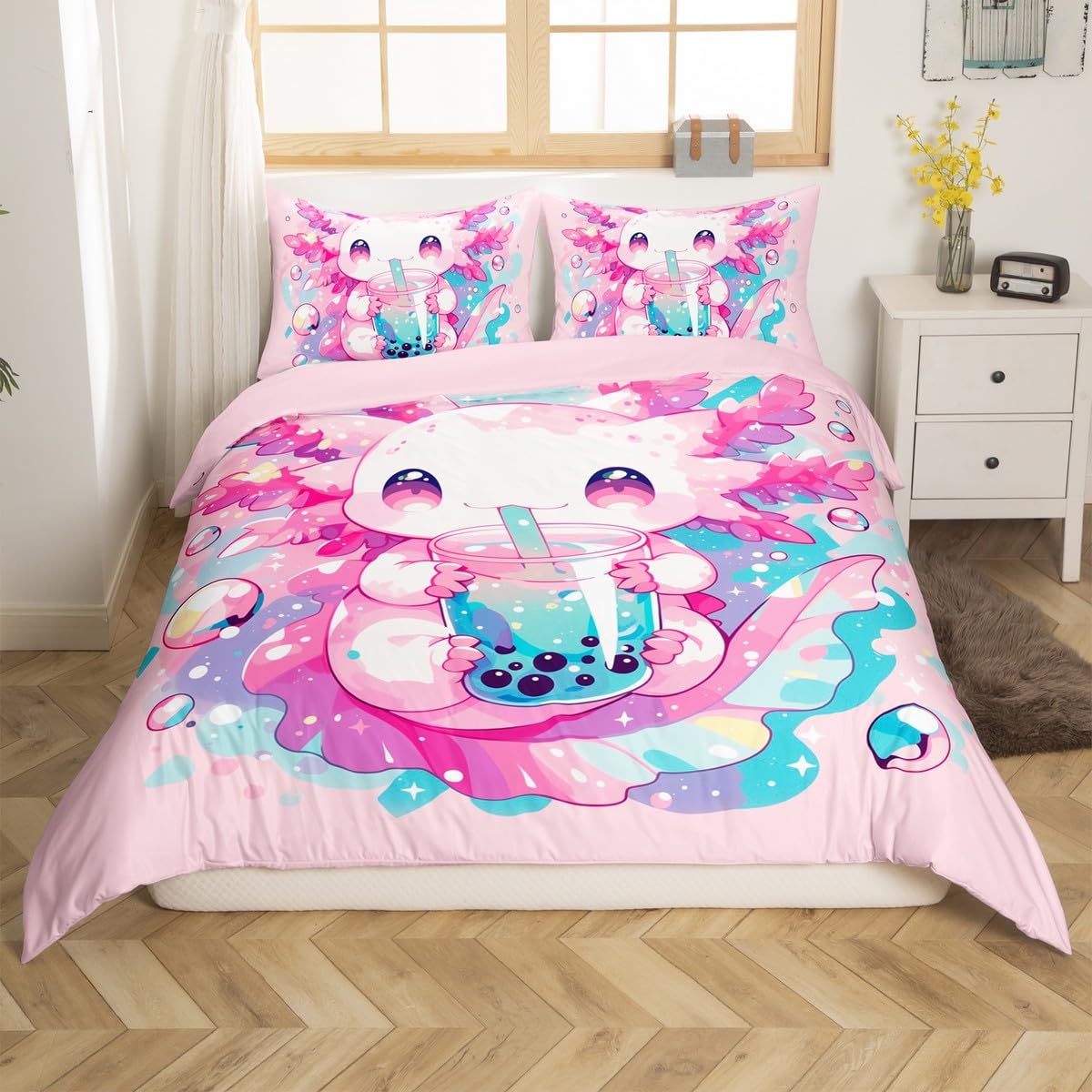 Homewish Axolotl Comforter Cover Cute Salamander Pattern Kawaii Bedding Set Single Sweet Dessert Milk Tea Duvet Cover Ocean Beach Coastal Bed Cover For Kids Girls Boys Bedroom Decor,Pink - Image 3