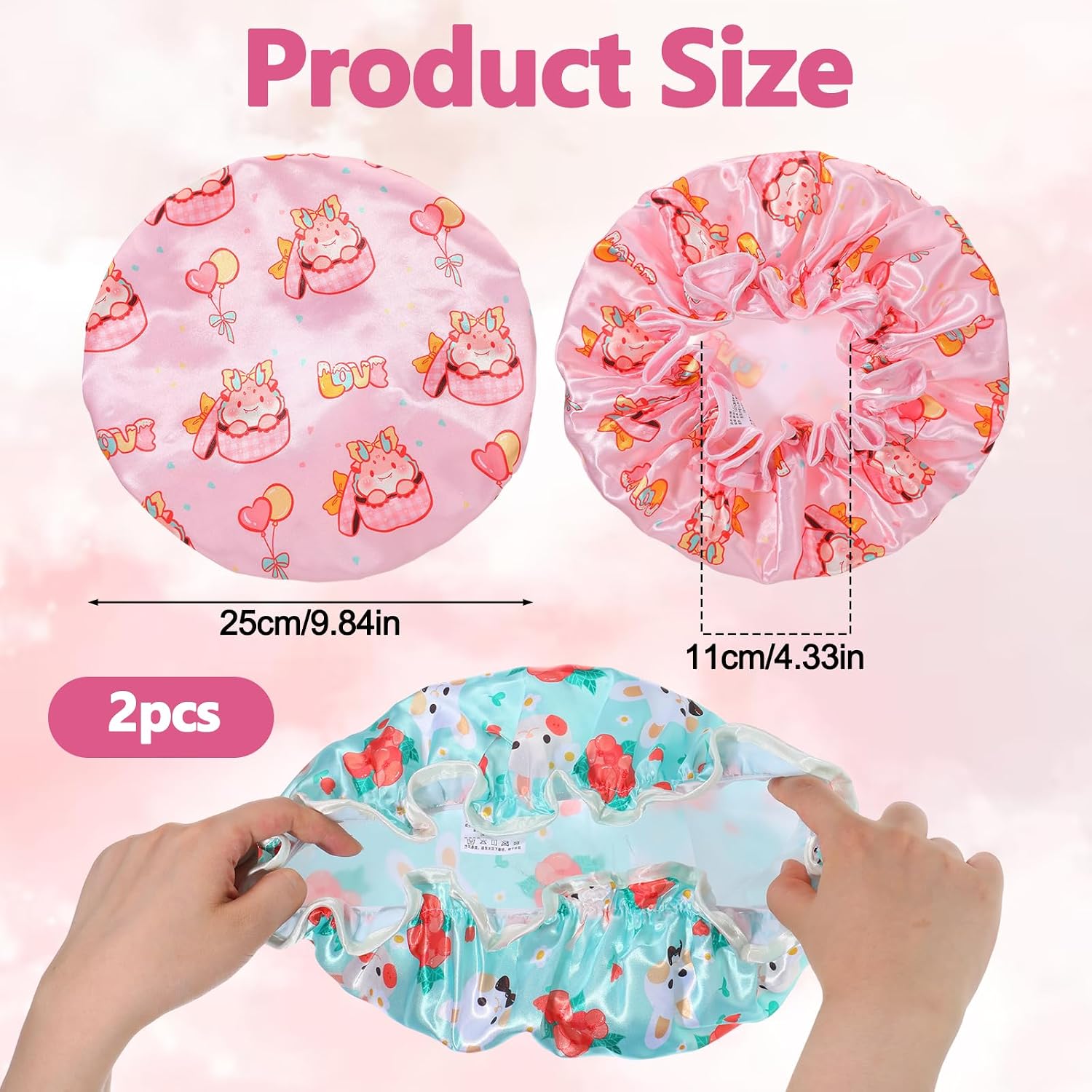 2Pcs Kids Shower Cap Waterproof Reusable Cartoon Bath Cap Soft Elastic Band