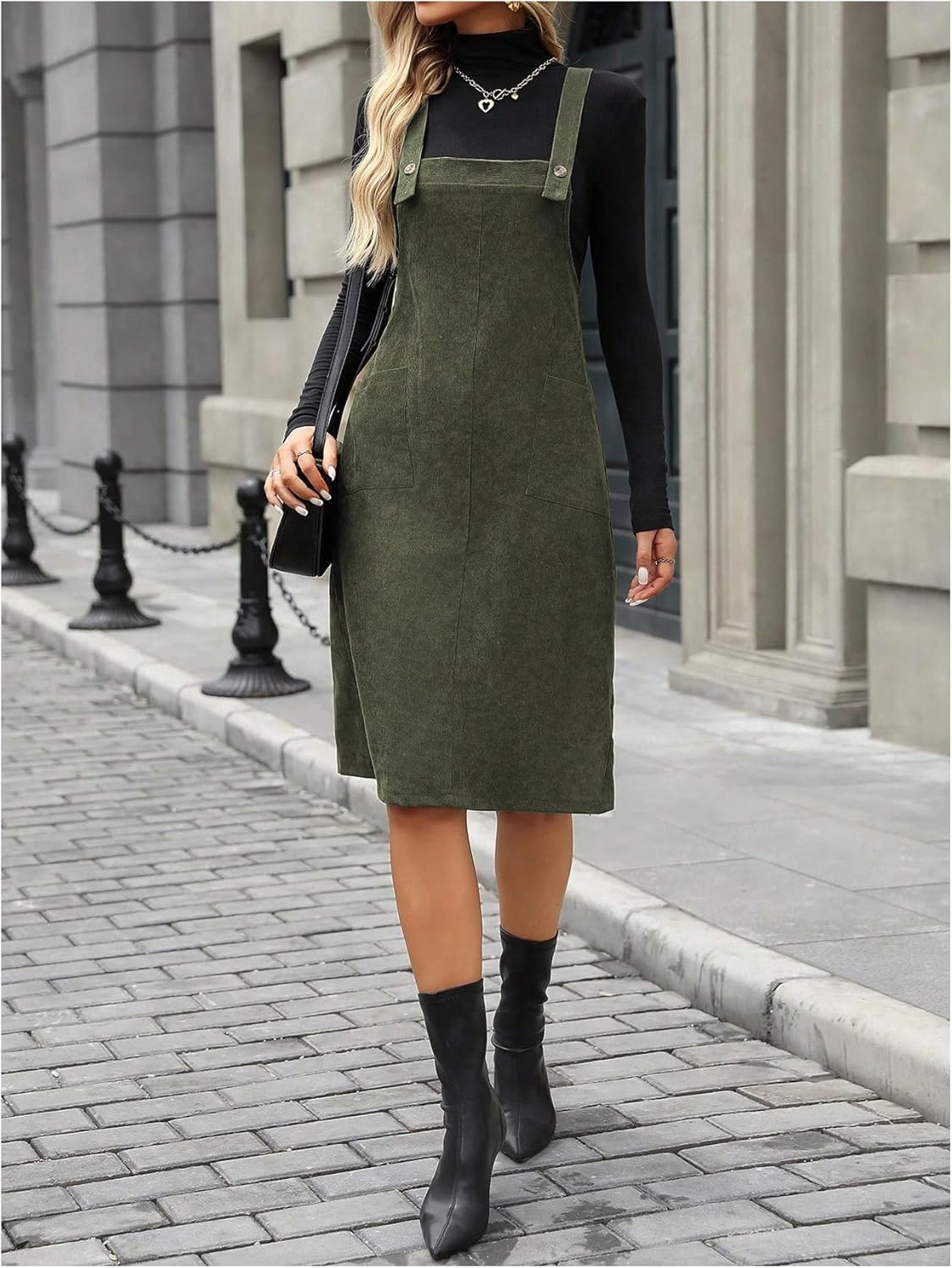 SOLY HUX Women's Square Neck Sleeveless Corduroy Dress Knee Length Fall Overall Dresses with Pockets - Image 6