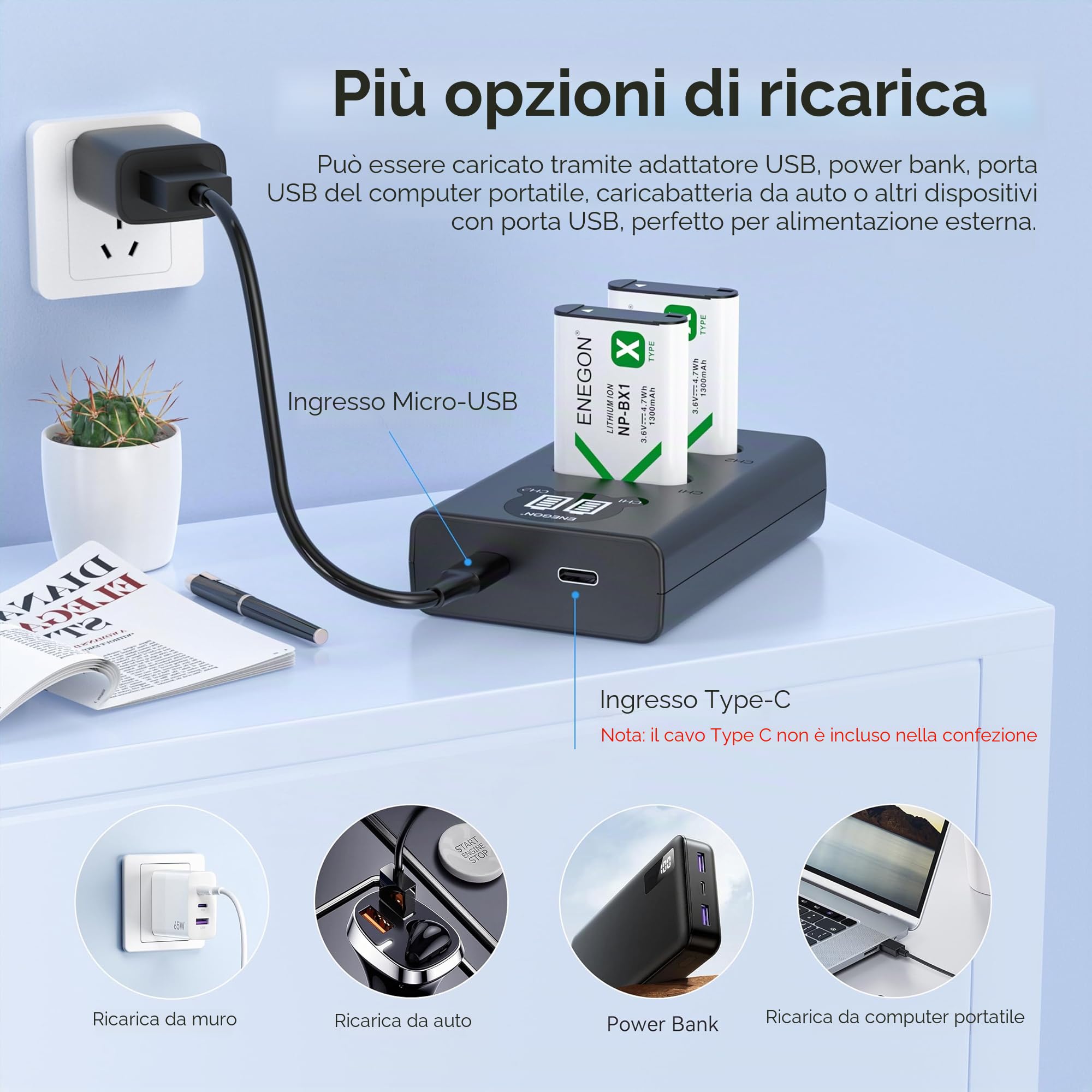 ENEGON NP-BX1 Kit Batteria (1300mAh Pacco da 2) e Caricatore LCD Compatibile con Sony NP-BX1, Sony ZV-1, Cyber-Shot DSC-RX100, DSC-RX100 II/III/M4/M5/M6/M7/Ⅳ/Ⅴ/Ⅵ/Ⅶ/VA, DSC-RX100M II, HDR-CX405