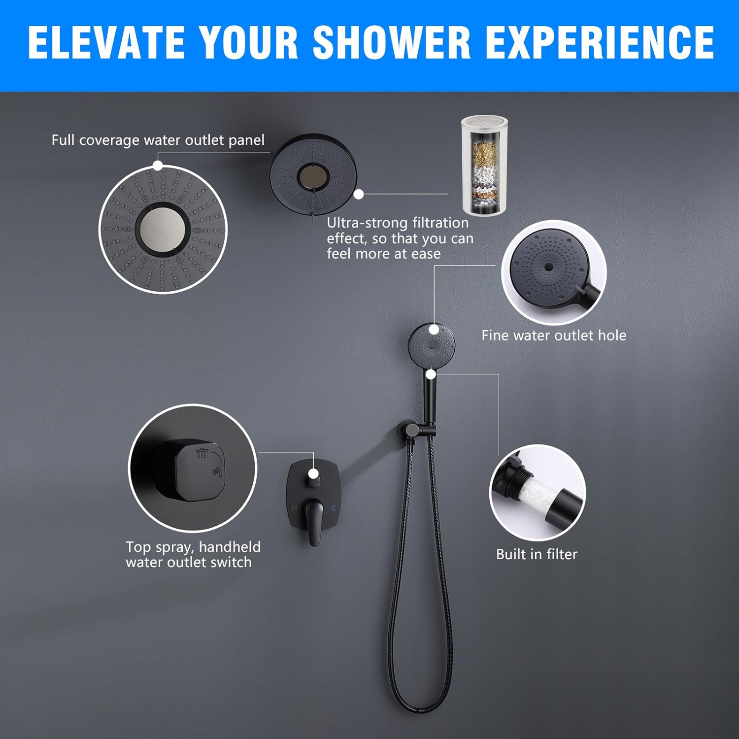 Shower System, Wall Mounted Shower Faucet Set with Filter, High Pressure Rain Shower Head with Handheld Spray Combo with Filter for Hard Water, Matte Black Rectangular Valve