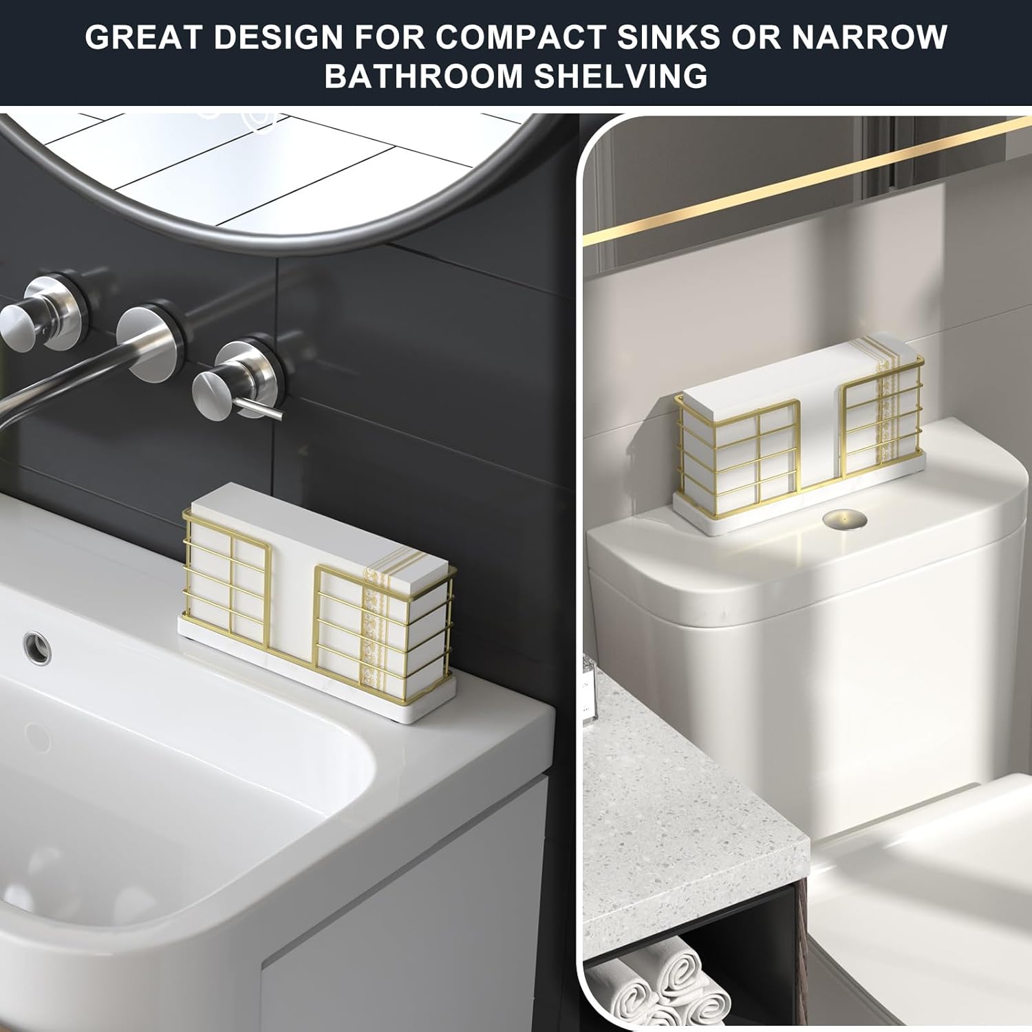Wican Marble Vertical Stance Bathroom Napkin Holder Takes Up Less Space for Small Guest Bathroom Towel Tray for Powder Room Table Wooden Basket for Disposable Paper Hand Towels Gold and Marble White