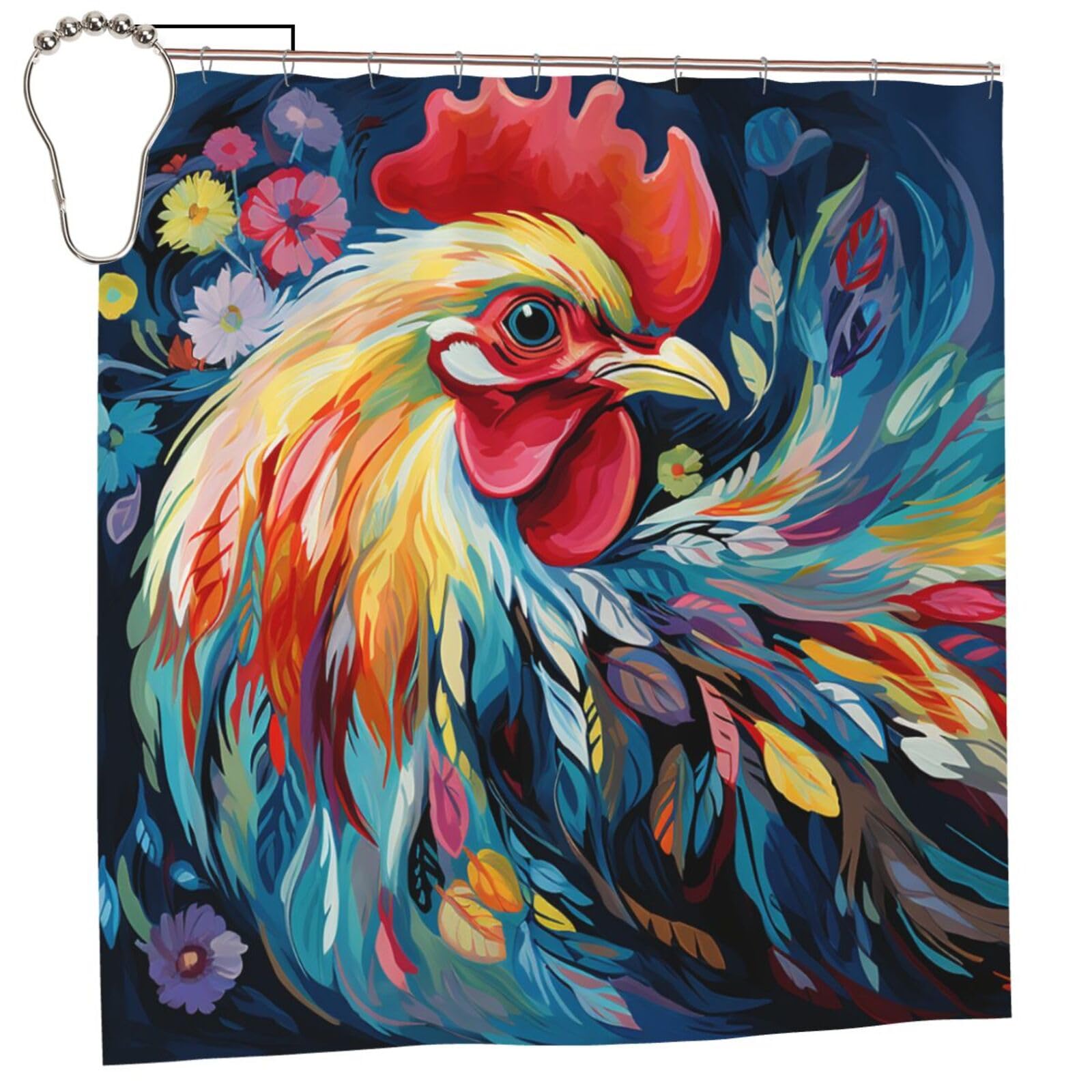 FodPand Art Colorful Chicken Shower Curtain 70"x70" Waterproof Long Bathroom Curtain Heavy Duty Thick Cloth Bath Curtain Set with Hooks, Modern Abstract Art Pattern Bathroom Shower Curtains
