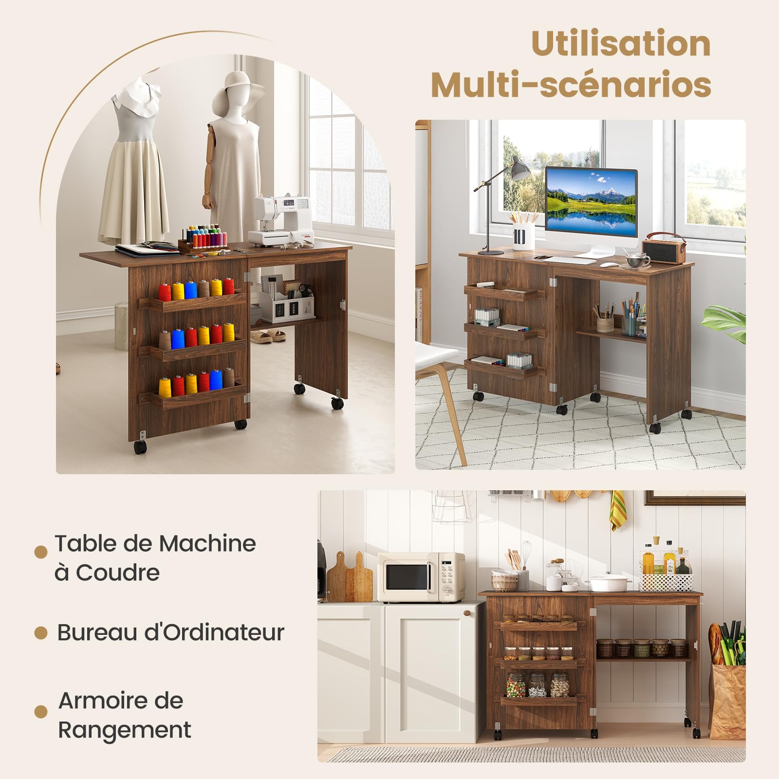 COSTWAY Armoire pour Machine à Coudre Pliante, Table de Couture avec 3 Etagères pour Bobines et roulettes verrouillables en Bois (Brun)