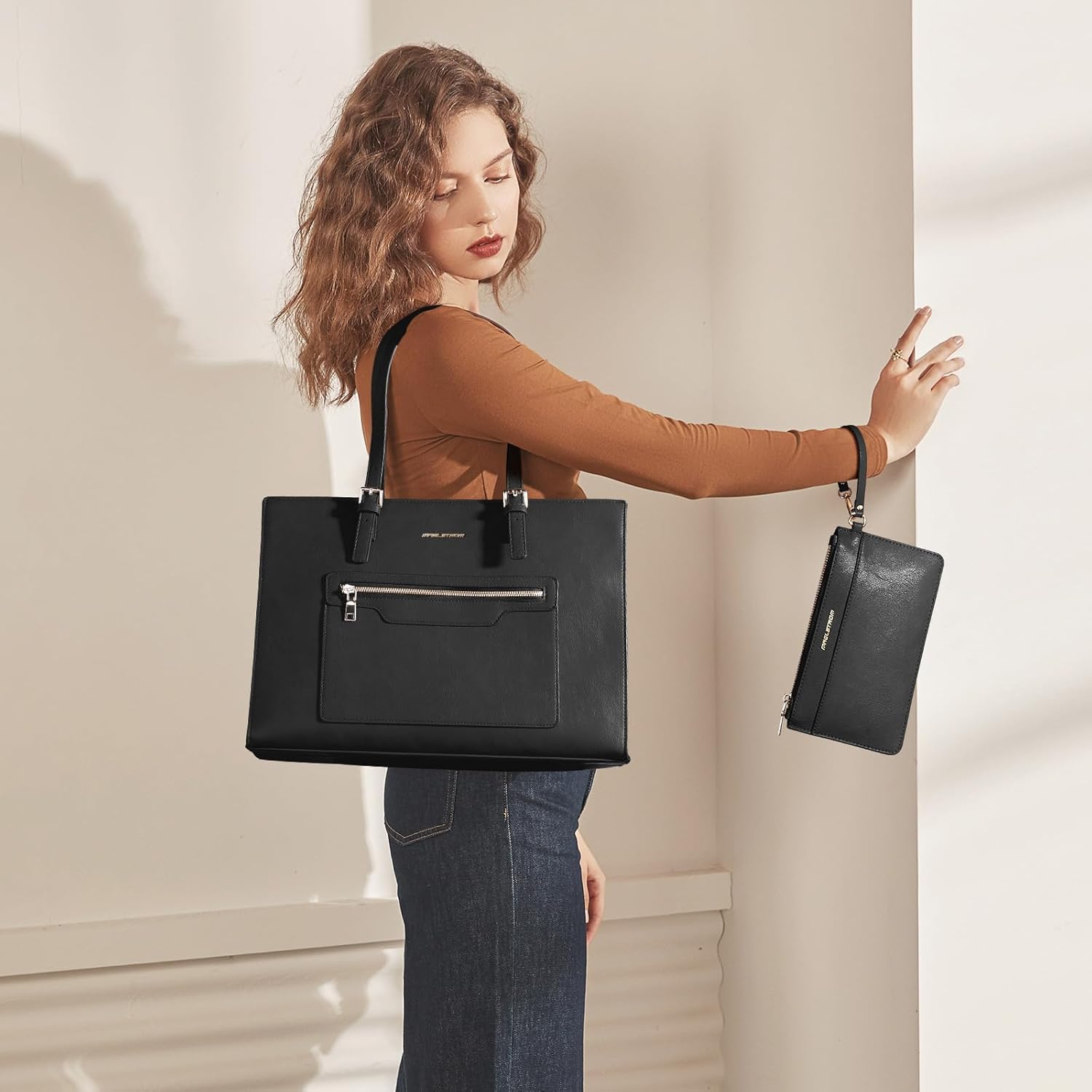 Maelstrom Leather Tote Bag, Laptop Bag for Women, Waterproof Briefcase with Clutch Bag, Work Handbags 15.6 Inch Computer