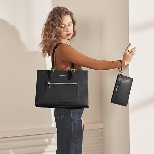 Miniatura 6 de Maelstrom Bolsa de cuero para computadora portátil para mujer, maletín impermeable con bolsa de embrague, bolsos de trabajo para computadora de 15.6