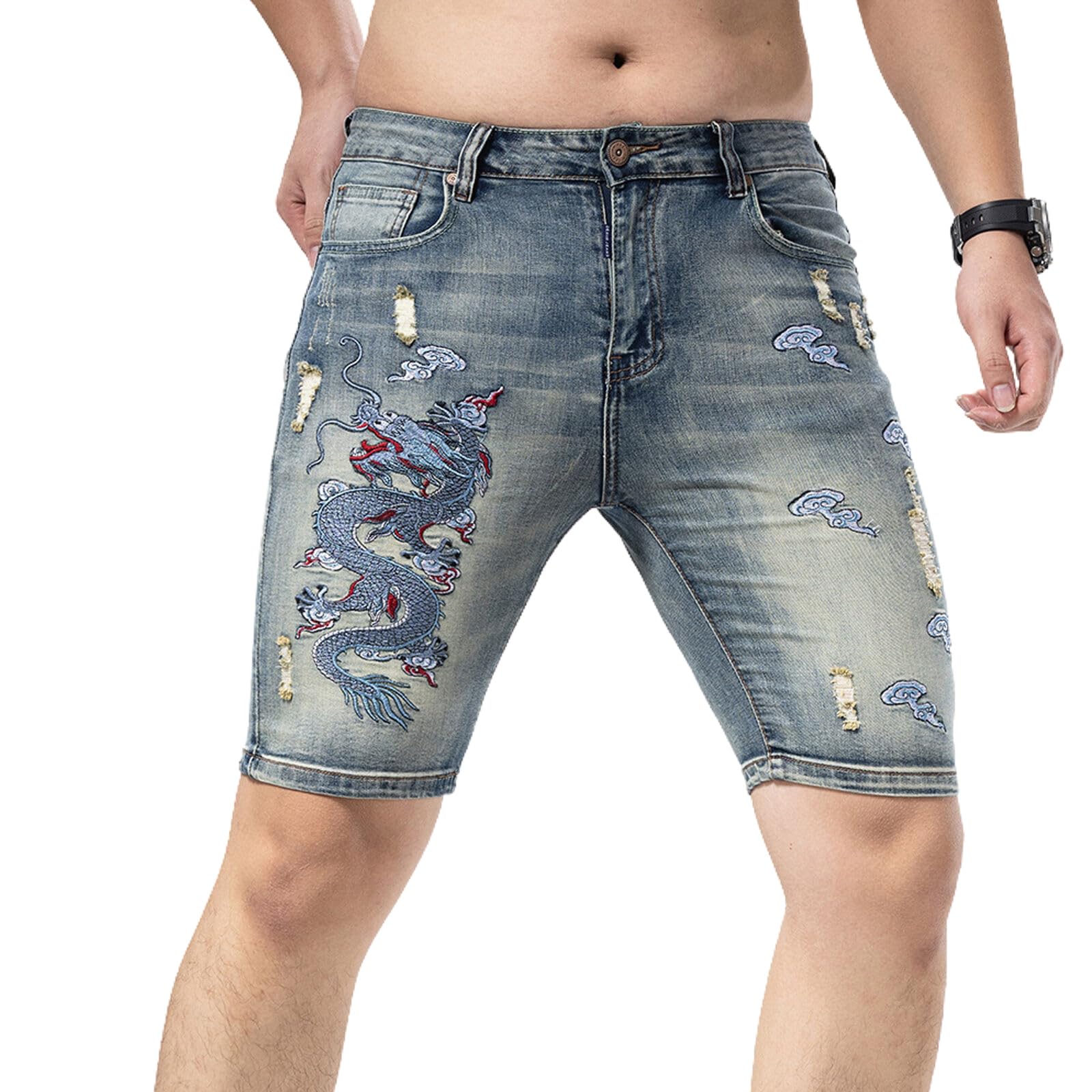 Men's Embroidery Ripped Denim Shorts & Jeans Summer Casual Classic Straight Distressed Ripped Short Jeans