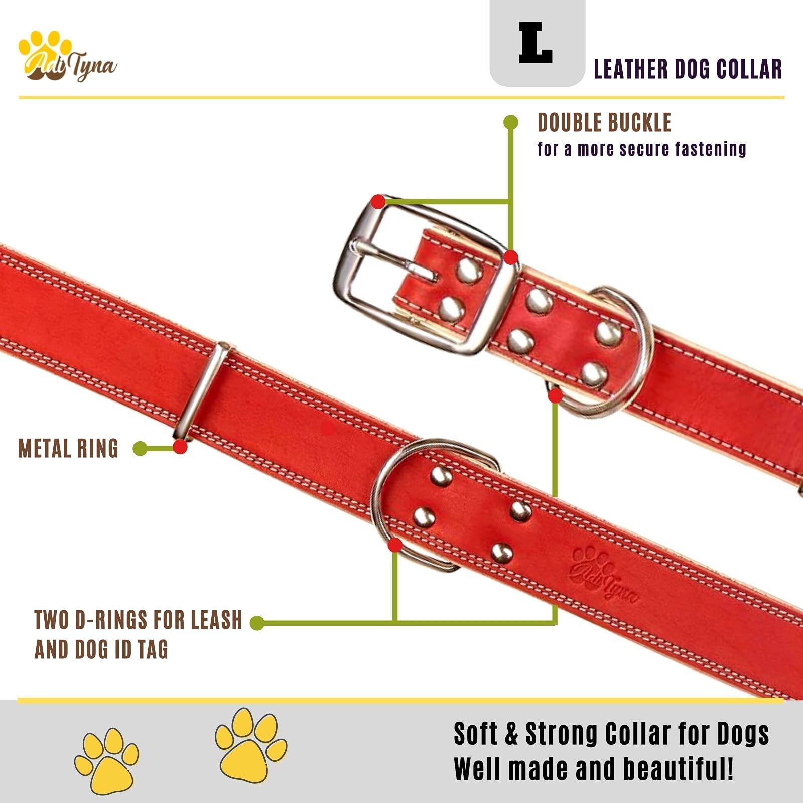 ADITYNA Collare per cani imbottito in pelle – Heavy Duty Red Collare per cani – Collare per cani di taglia grande