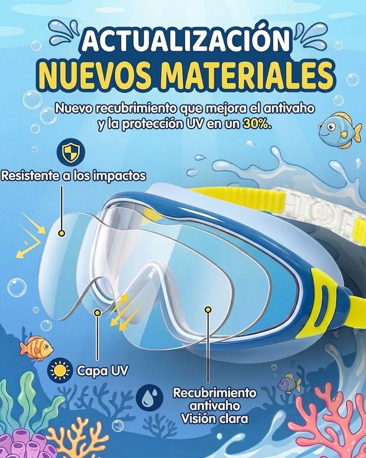 Gafas de natación para niños con protección UV antivaho montura grande