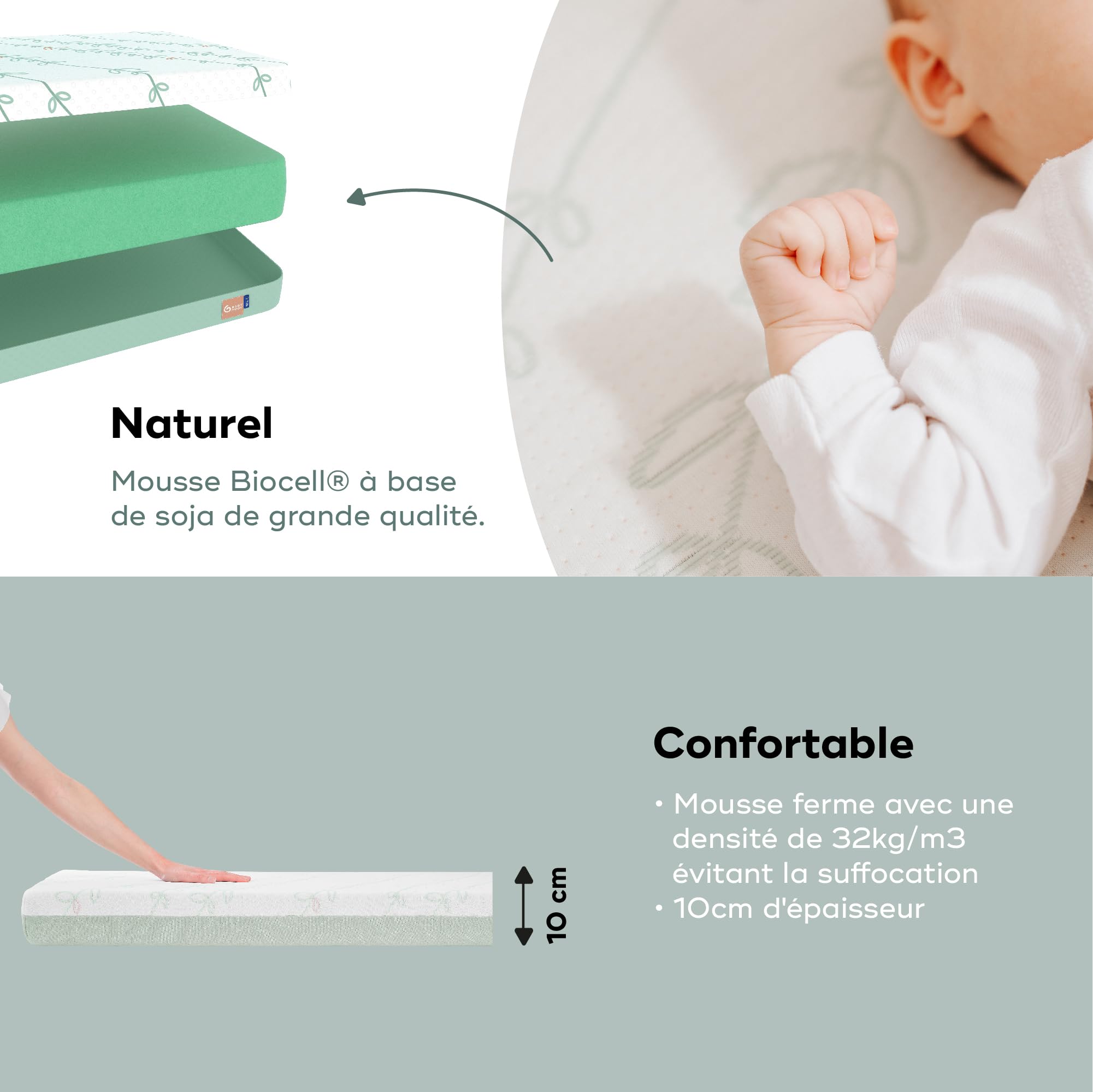 Babymoov Colchón antibacteriano Cosy'Lite de bebé 60x120 cm - sin tratamientos químicos - Espesor 10 cm - Fabricado en Portugal - Desenfundable - Con certificación Oeko-Tex®