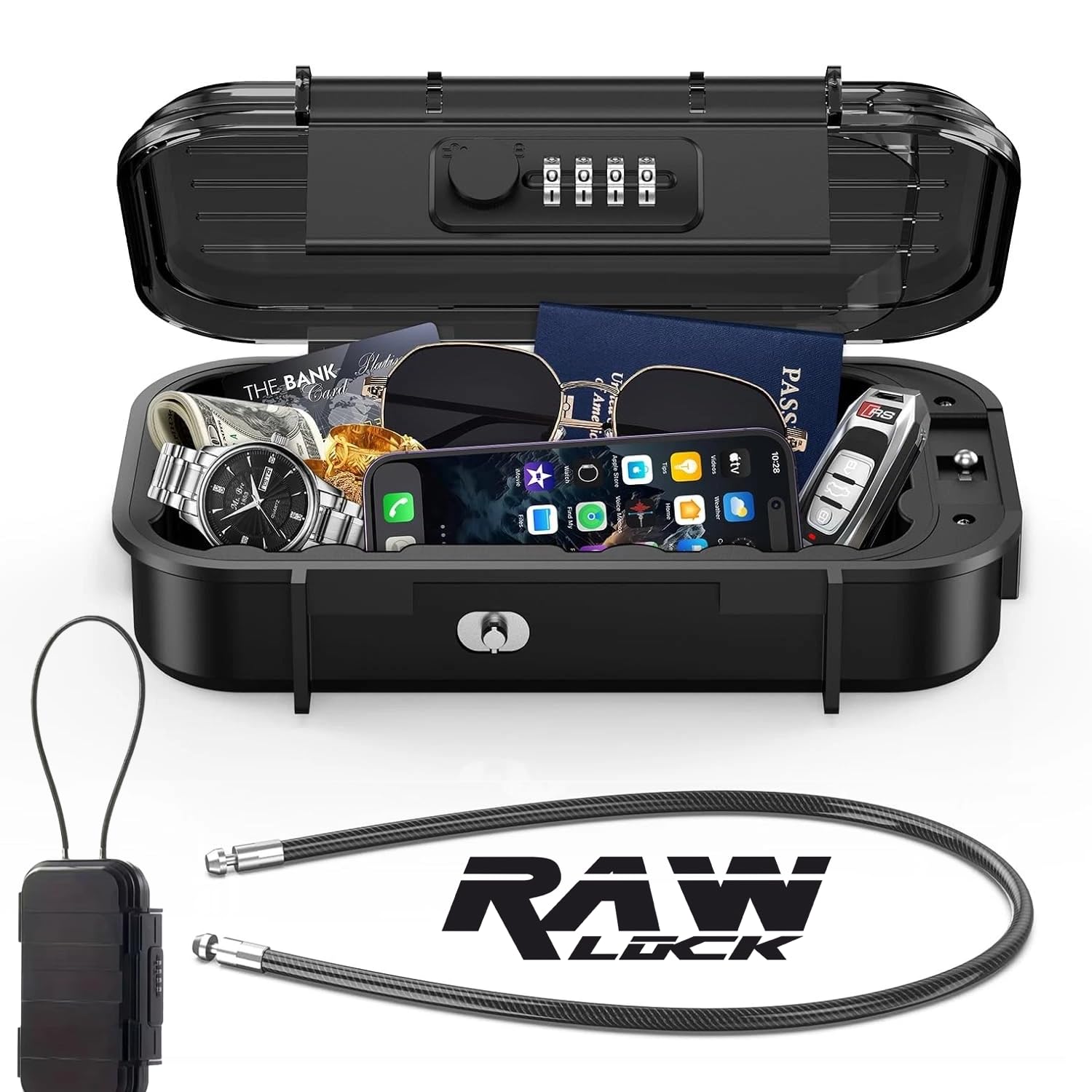 RAW LOCK® Portable Safe Box with Code, Combination Security Case Lock Box with Removable Wire Rope, Mini Key Safe Storage Waterproof & Anti-Theft for Travel, Beach, Vacation