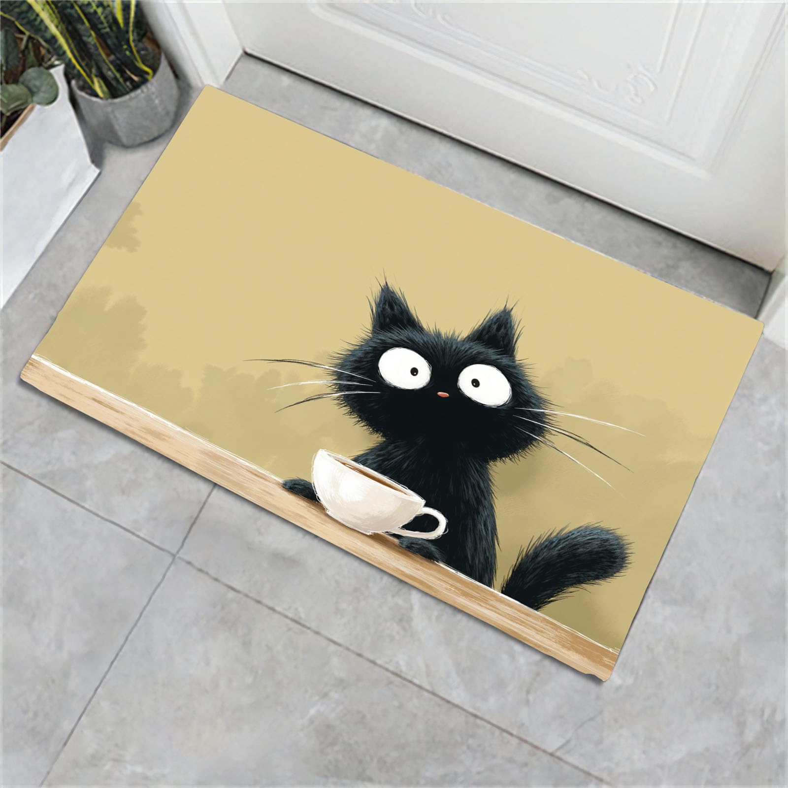 Paillasson interieur chat noir dessine a la main 90x150cm beige tapis de sol