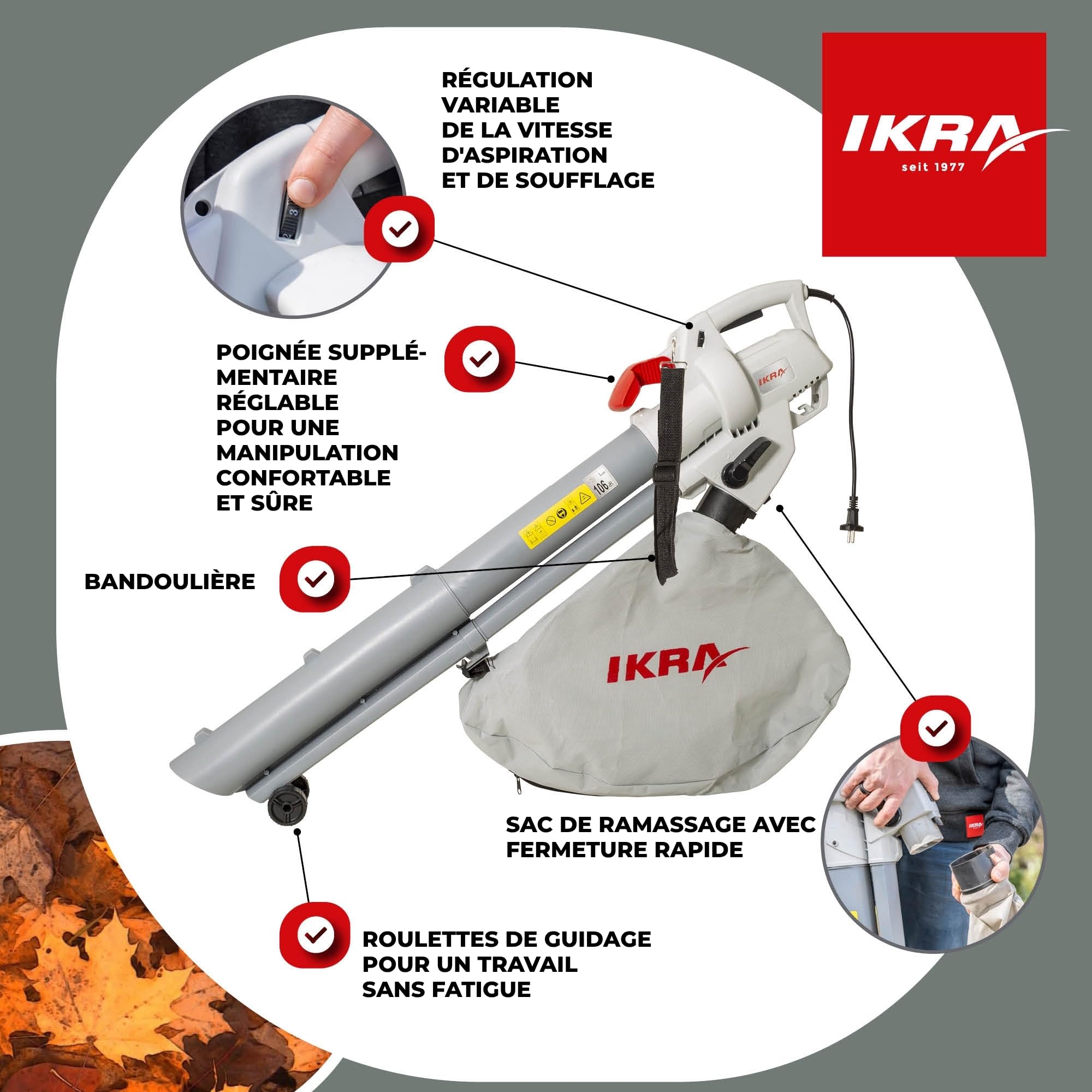 IKRA aspirateur-souffleur de Feuilles électrique IBV 3000, 3000W, 240 km/h