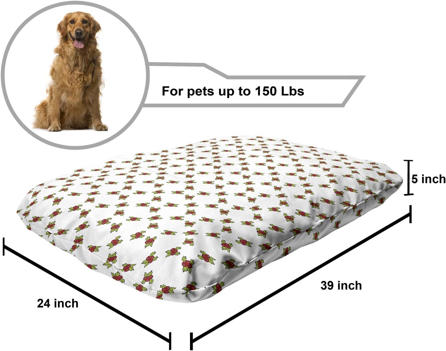 review Lunarable Green Xmas Pet Bed, Holidays Simplistic Berries Motifs Print on Plain Backdrop, Chew Resistant Pad for Dogs and Cats Cushion with Removable Cover, 24