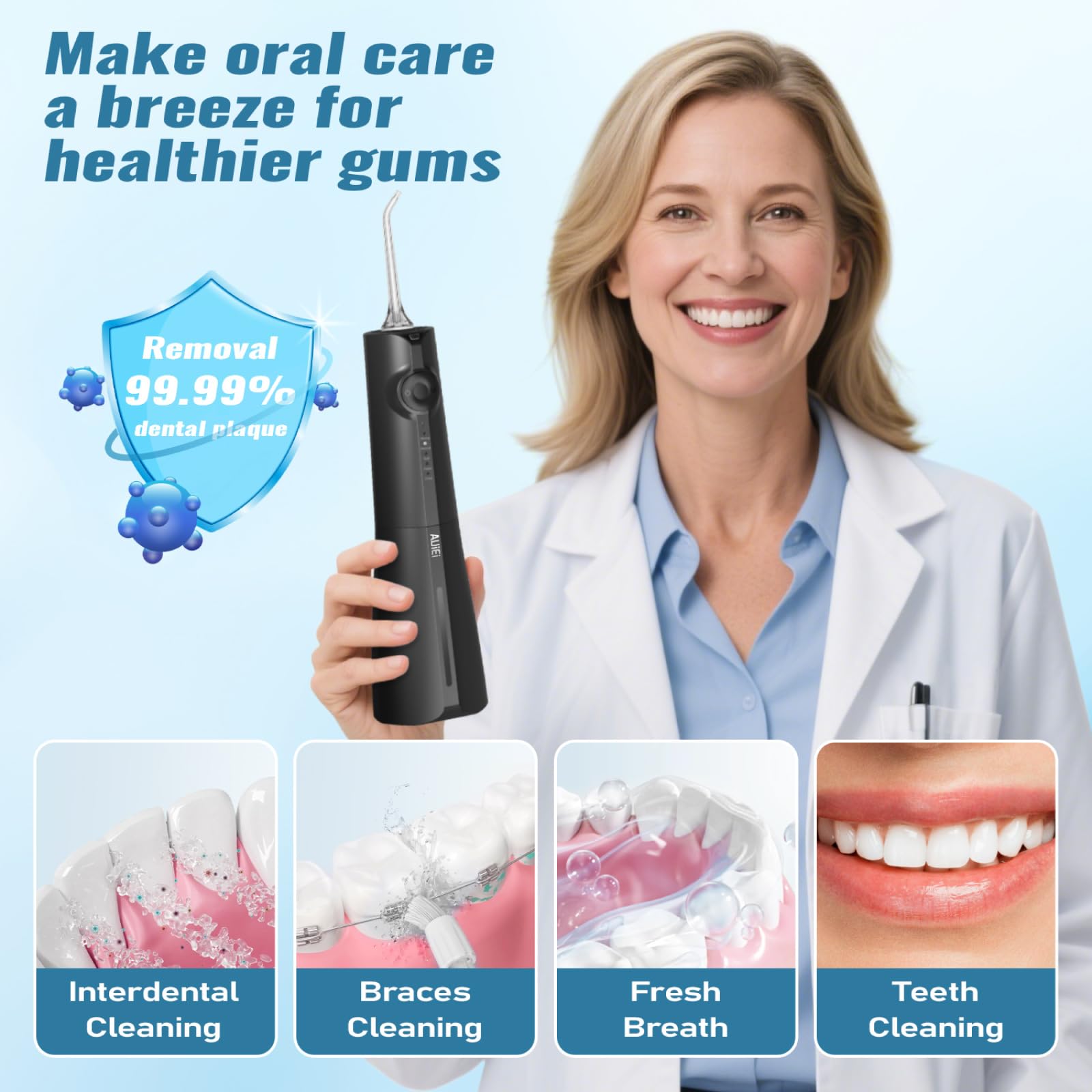 AUIEI Pick de hilo dental de agua para dientes y aparatos ortopédicos, 300 ml de hilo dental inalámbrico Power con 8 puntas de chorro, irrigador bucal 5 modos de uso, impermeable IPX7, portátil para